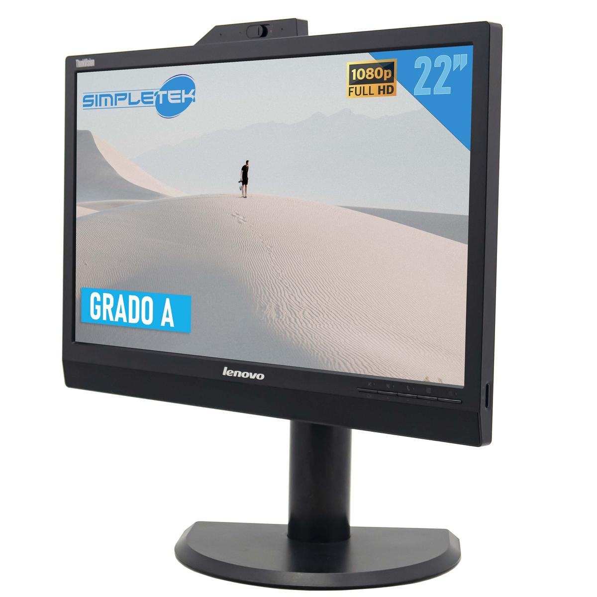 Un monitor Lenovo nero mostra una scena del deserto. Ha un supporto nero e la scritta 'GRADO A'.