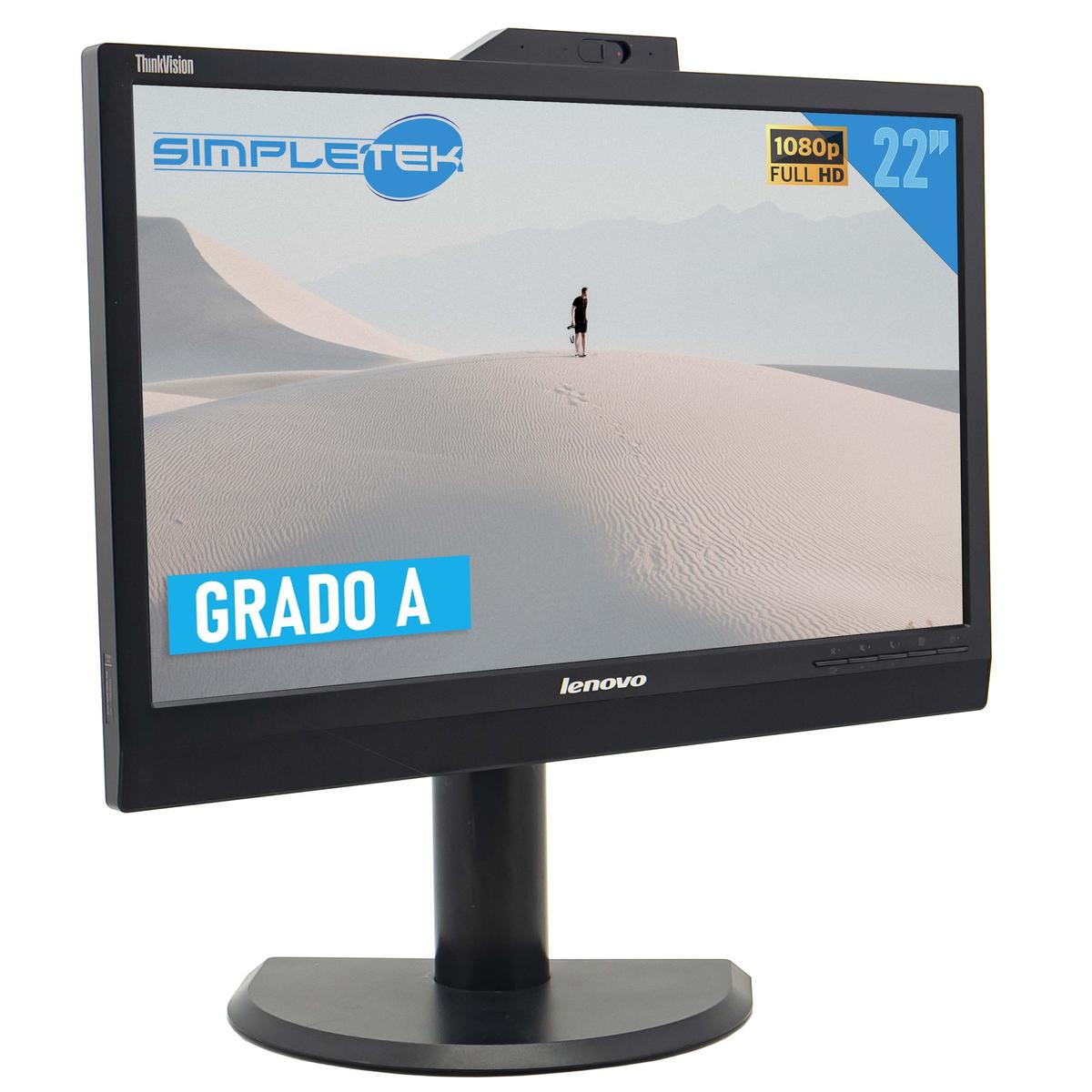 Un monitor Lenovo nero mostra una scena del deserto. Ha un supporto nero e la scritta 'GRADO A'.