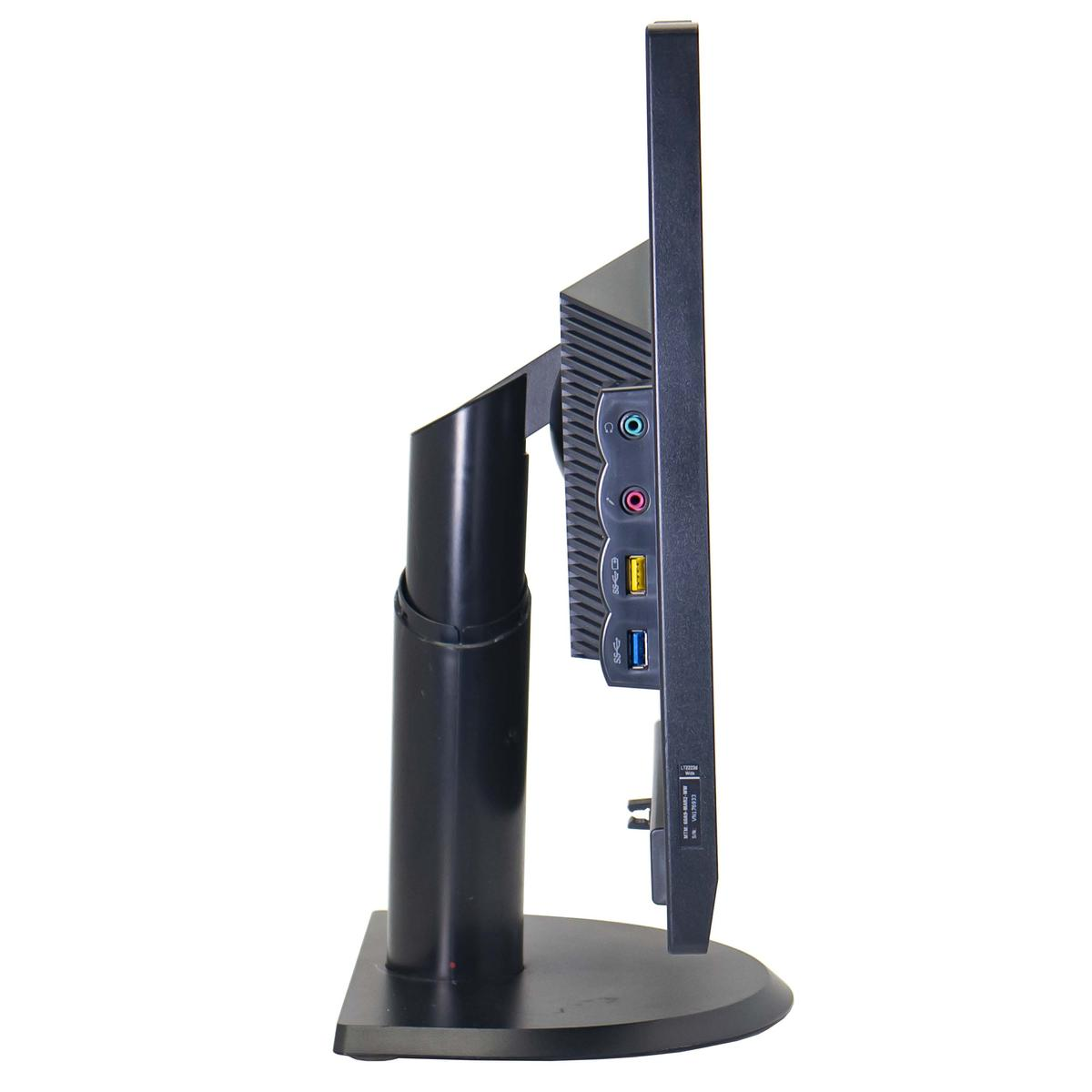 Un monitor per computer nero, visto di lato. Ha un supporto nero e più porte.