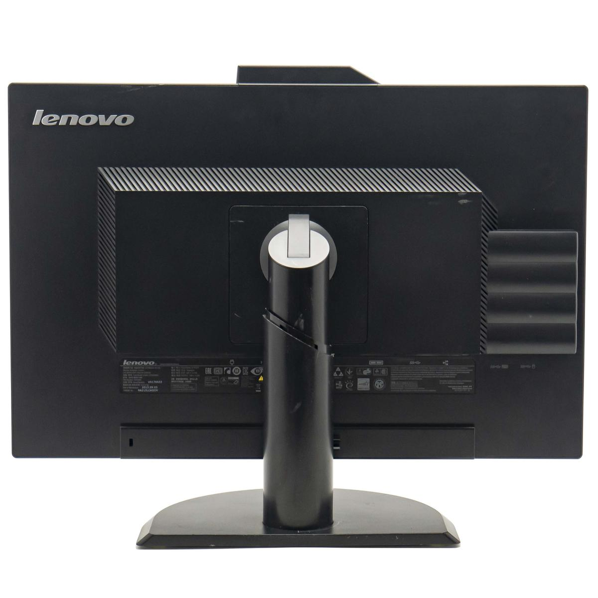 Retro di un monitor Lenovo nero. Ha un supporto, prese d'aria e il logo Lenovo.