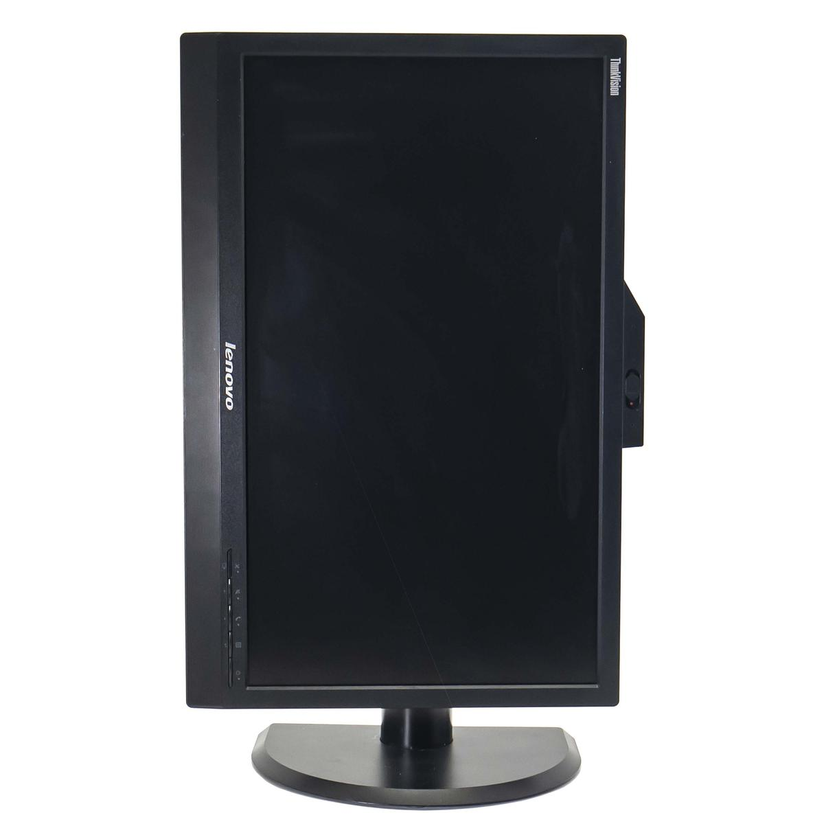 Un monitor Lenovo ThinkVision nero. Lo schermo è nero e il monitor è su un supporto nero.