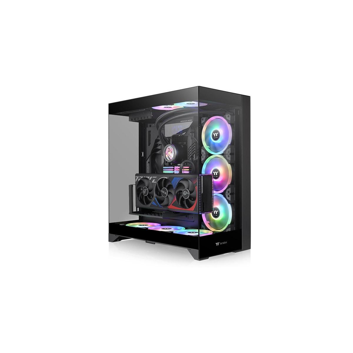 Un case per PC con pannelli in vetro, che mostra componenti interni con illuminazione RGB.