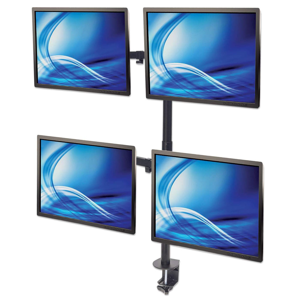Vier Computermonitore, die an einem vertikalen Ständer montiert sind. Die Monitore sind blau und schwarz.