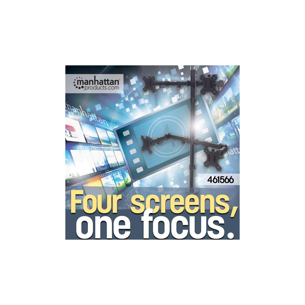 Ein Werbebild für einen Monitorständer, mit vier Bildschirmen und dem Text 'Four screens, one focus'.