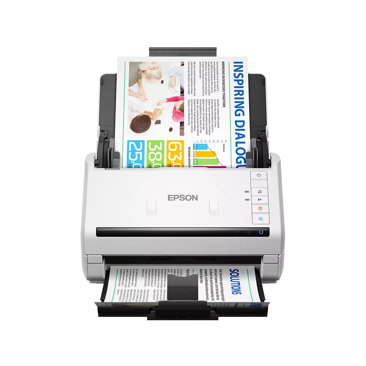 Scanner Epson bianco con documenti all'interno e sfondo bianco.