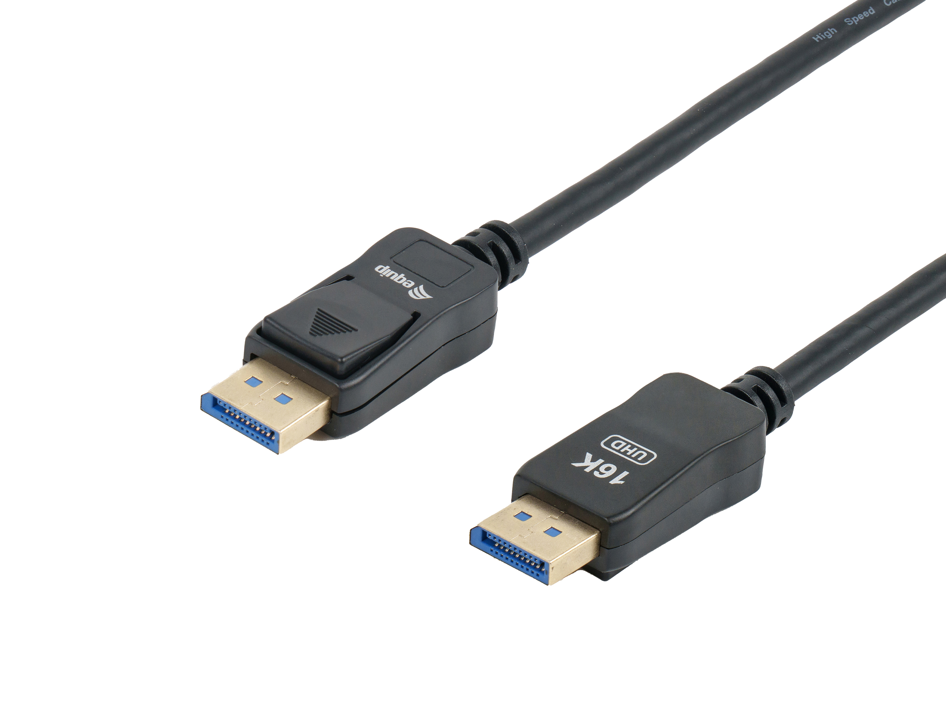 Schwarze und blaue DisplayPort-Kabel mit 16K UHD-Etiketten auf weißem Hintergrund.