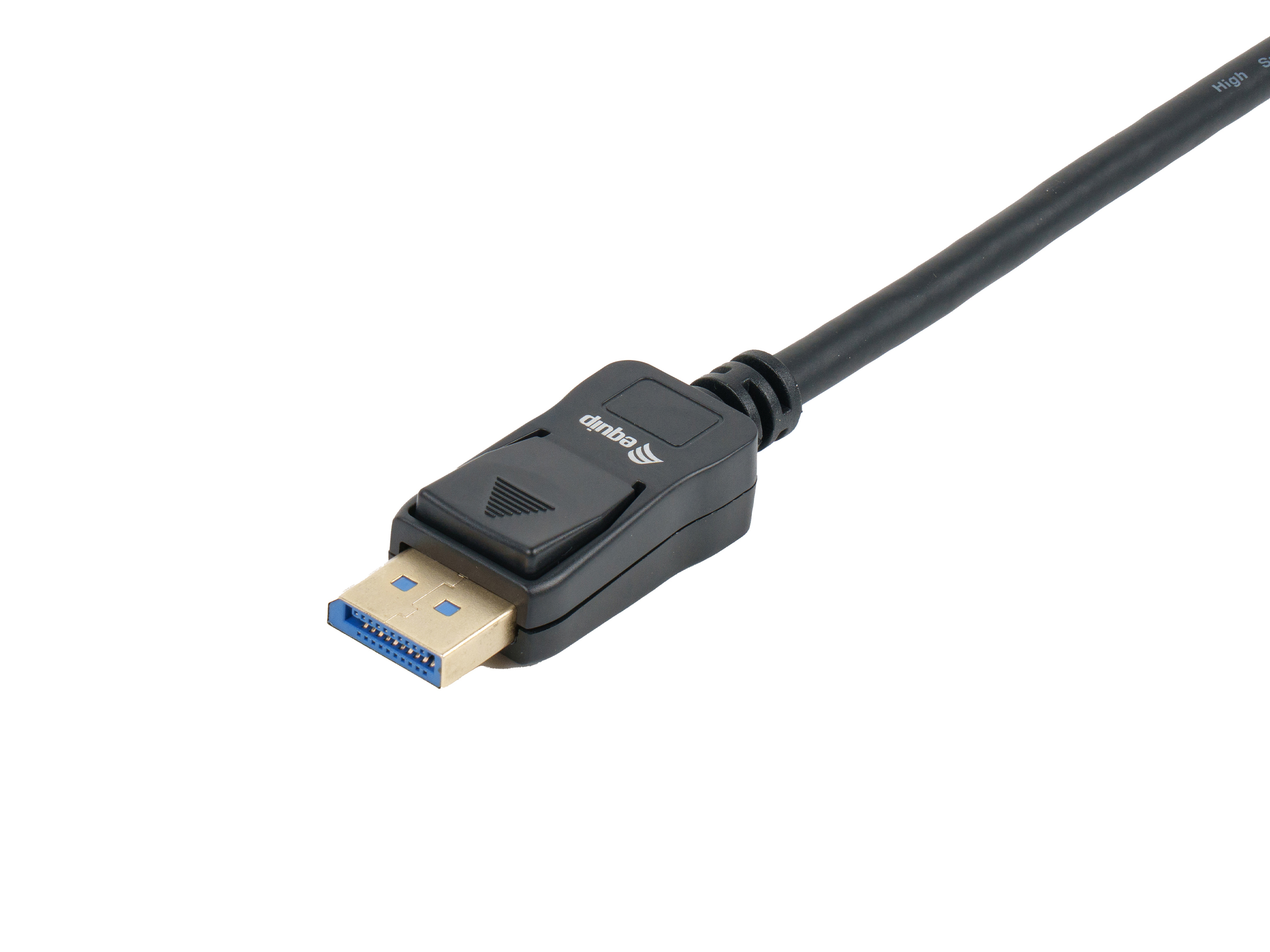 Ein schwarzer DisplayPort-Anschluss mit einem schwarzen Kabel. Der Anschluss hat ein blaues Innere.