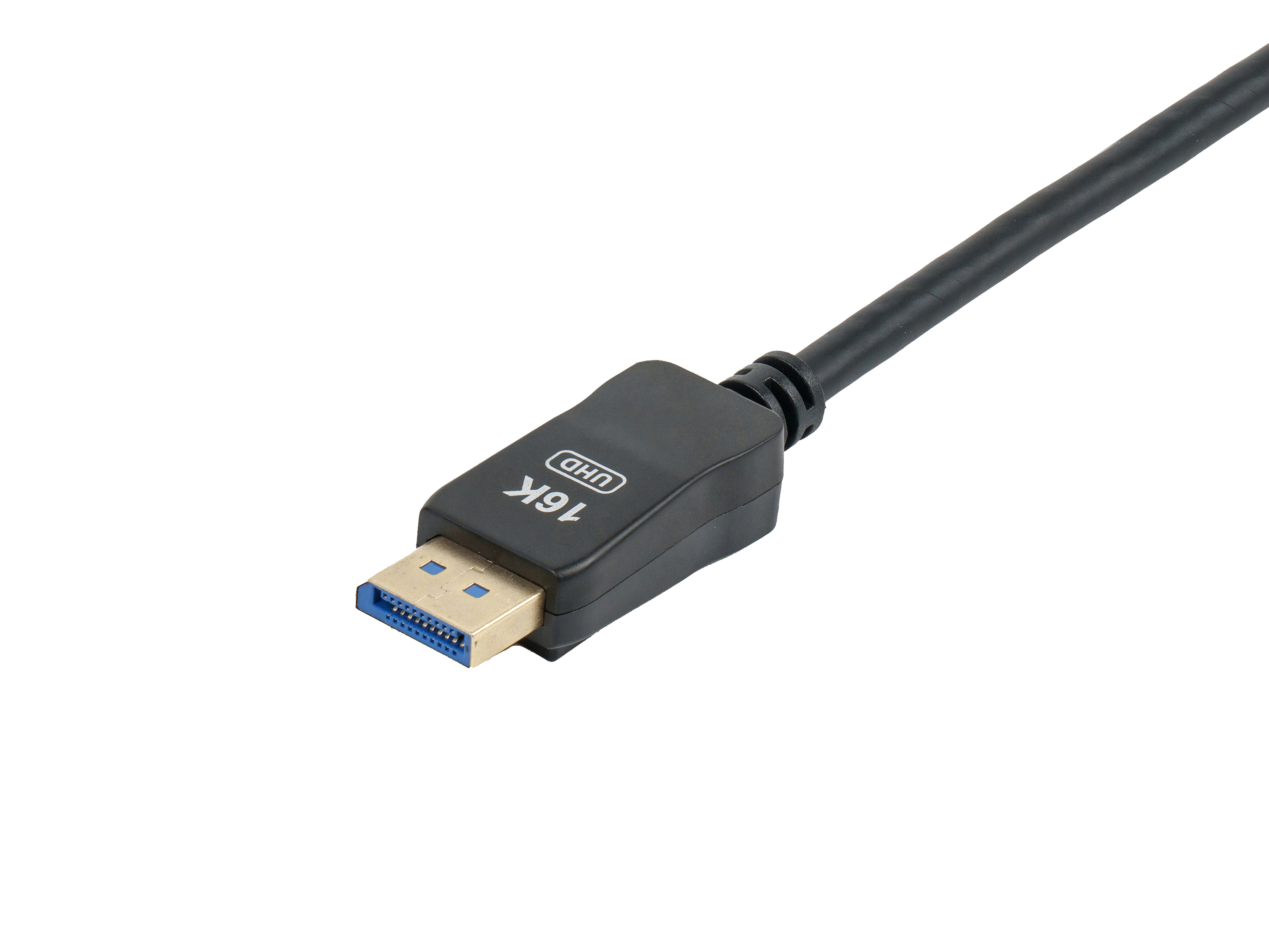 Schwarzes und blaues DisplayPort-Kabel mit 16K UHD-Etikett auf weißem Hintergrund.