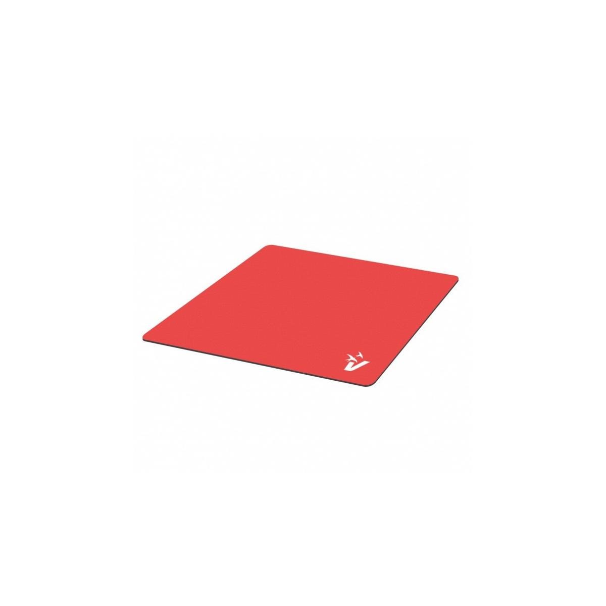 Ein rotes quadratisches Mousepad mit Logo unten rechts, vor weißem Hintergrund.
