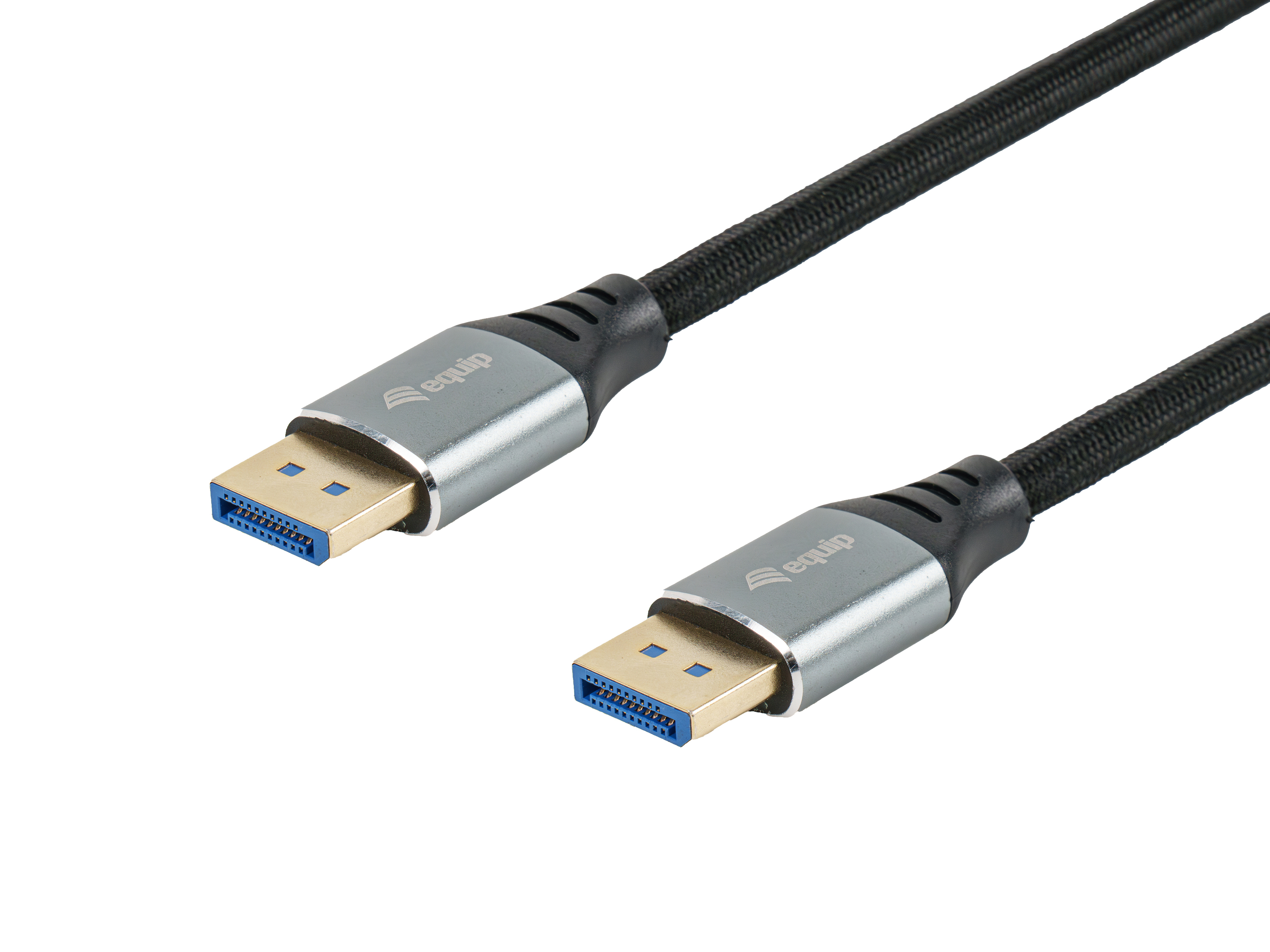 Schwarzes und silbernes DisplayPort-Kabel auf Weiß. Anschlüsse an beiden Enden, geflochtenes Kabel.