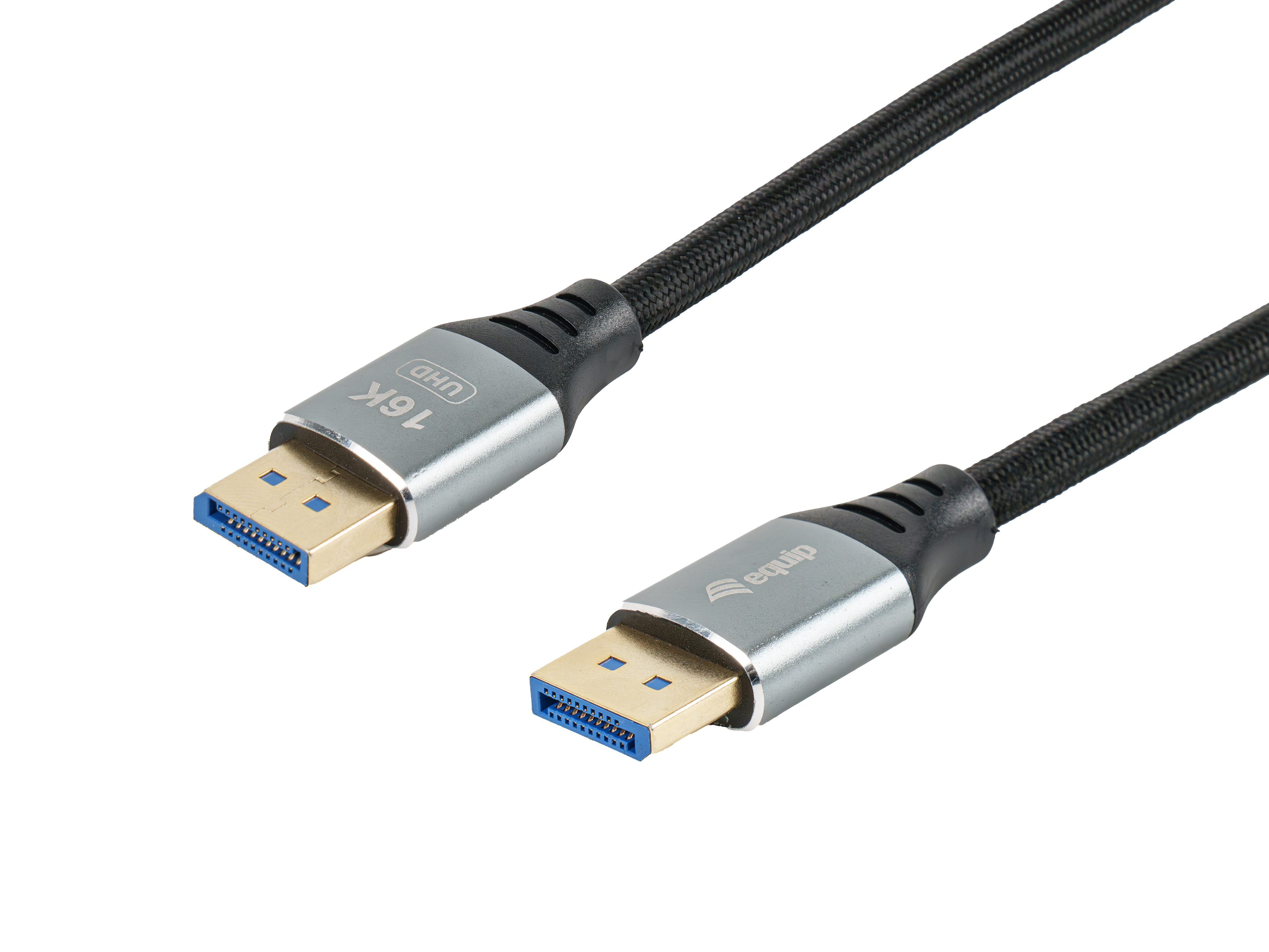 DisplayPort-Kabel mit Steckern an jedem Ende, schwarzes Kabel und silberne Stecker. 16K UHD-Etikett.