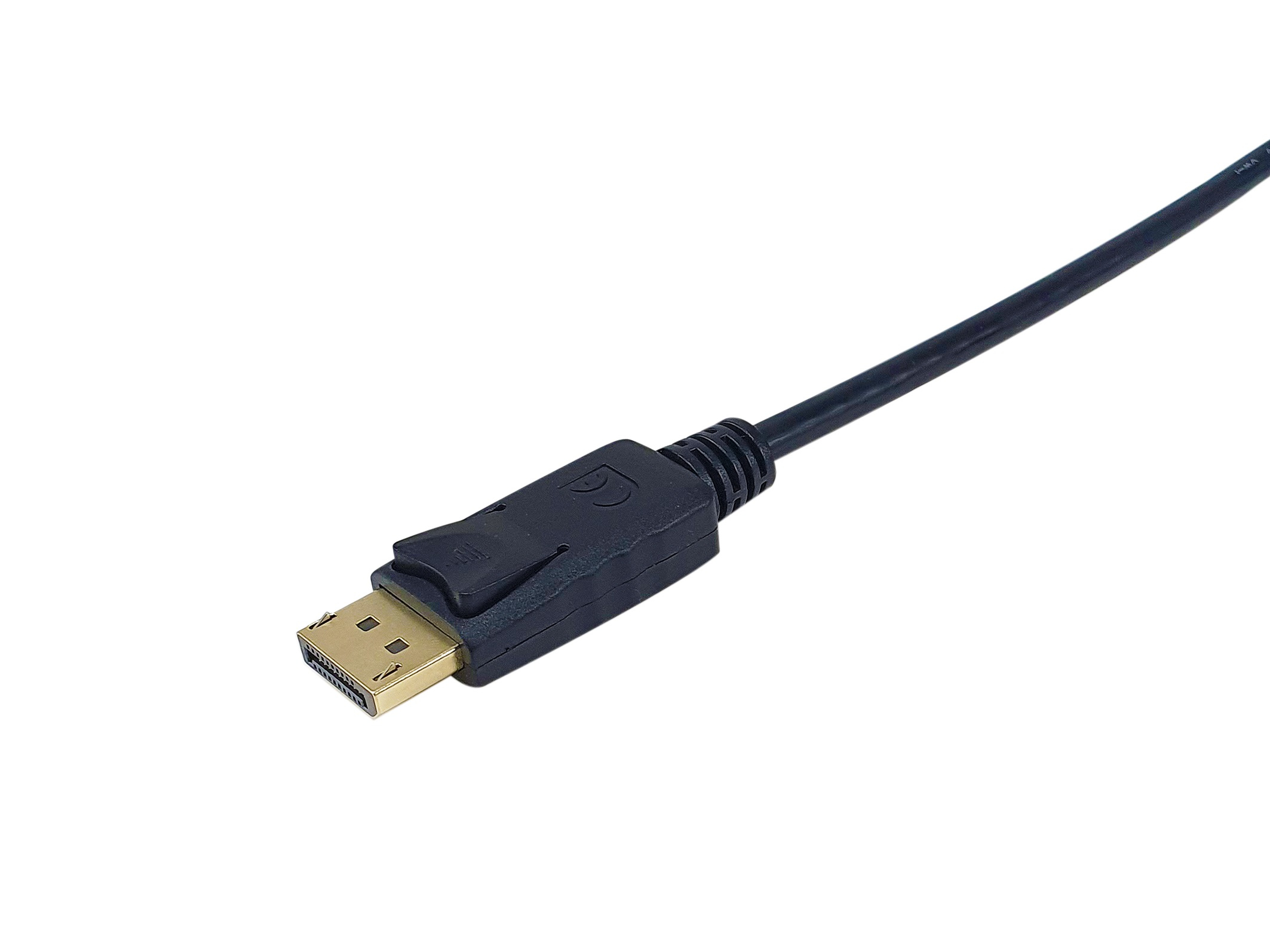 Schwarzes DisplayPort-Kabel auf weißem Hintergrund. Schwarzer Stecker mit DisplayPort-Logo.