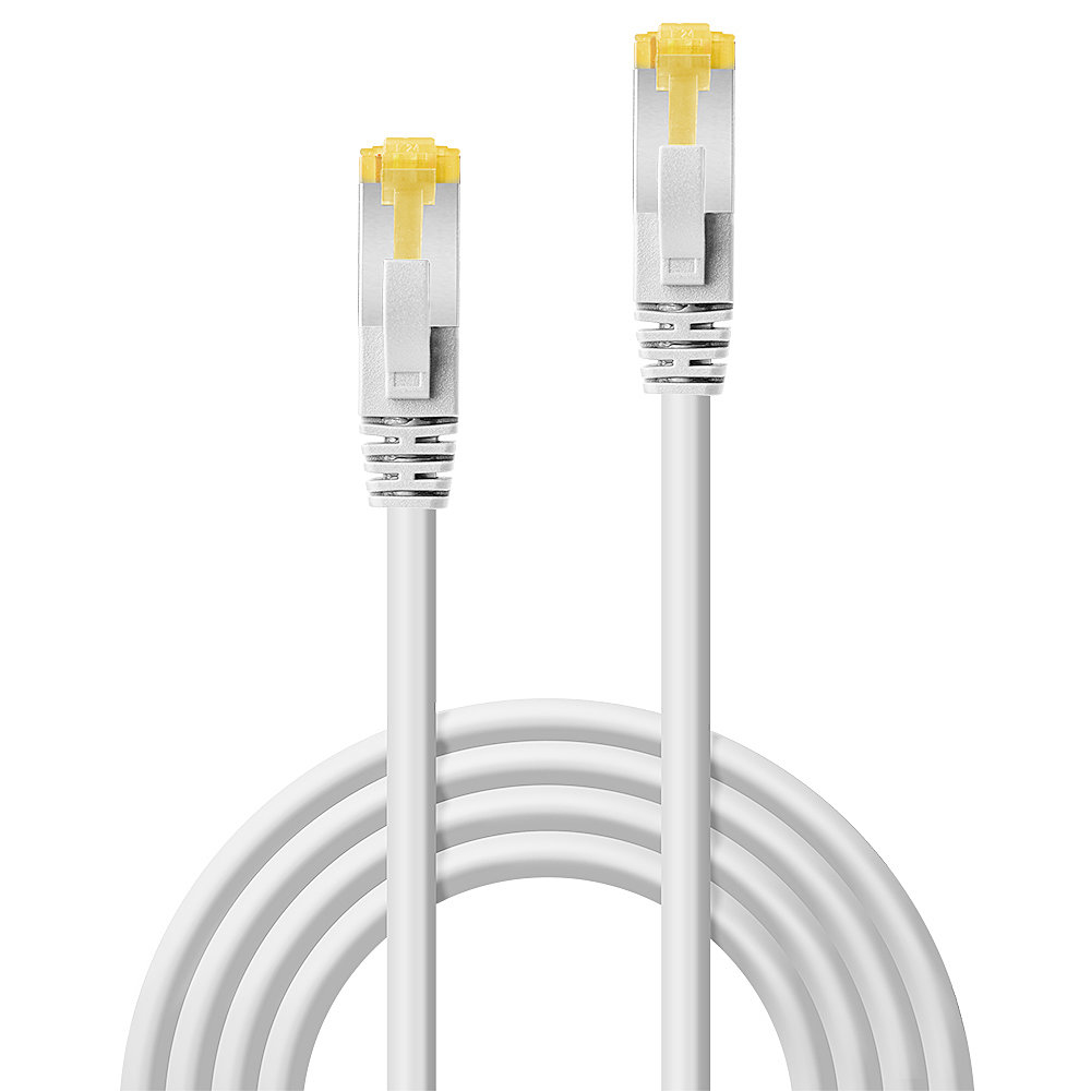 Dos cables ethernet blancos, curvados, con conectores amarillos. Los cables están frente a un fondo blanco.