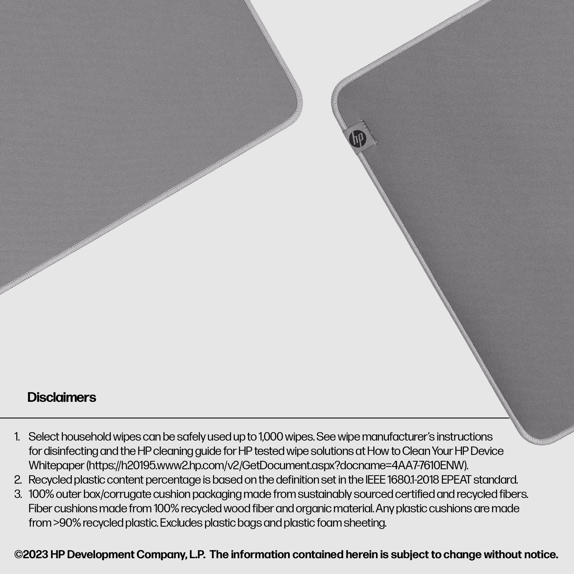 Text, der Produktmerkmale und Haftungsausschlüsse beschreibt, mit einem grauen Mousepad.