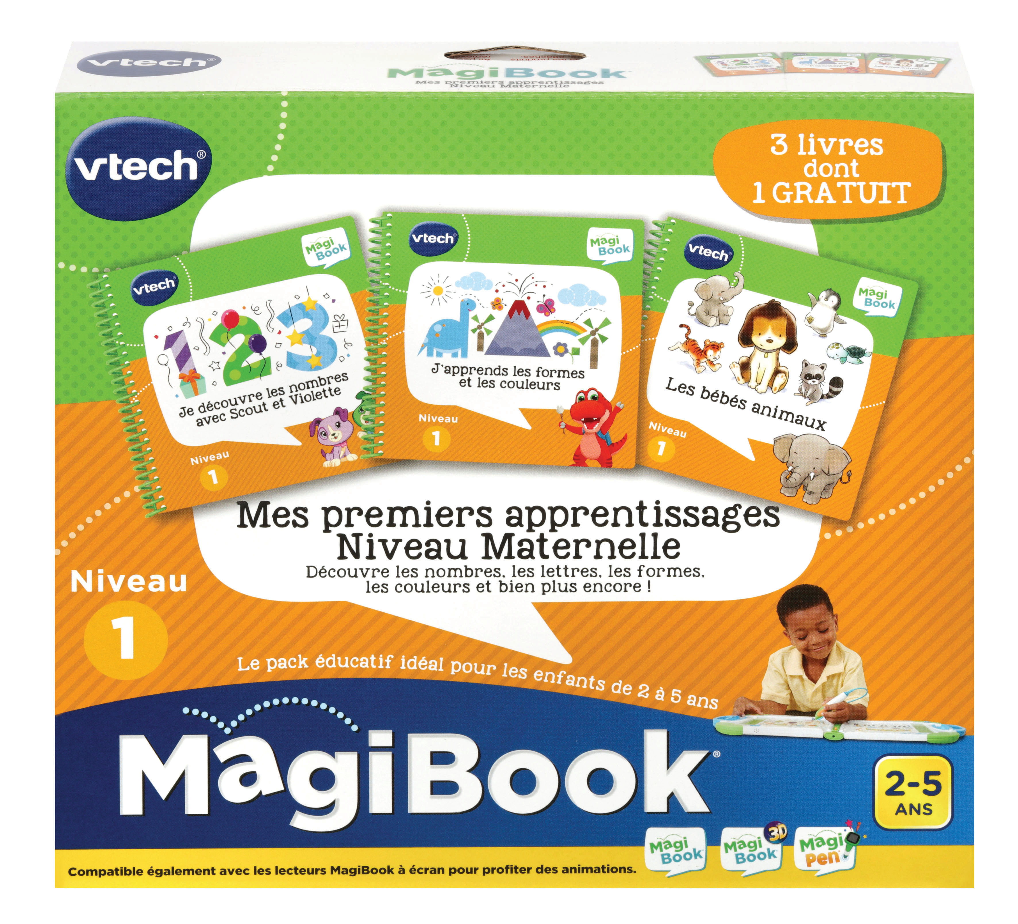 Una scatola VTech MagiBook con libri, con un bambino che guarda la scatola, con copertine colorate.