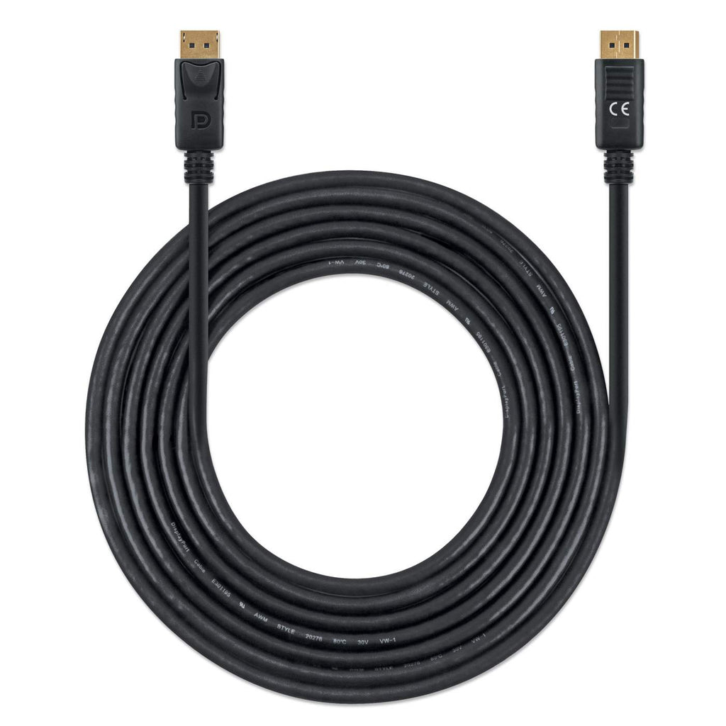 Un câble DisplayPort noir, enroulé, avec des connecteurs aux deux extrémités, sur fond blanc.
