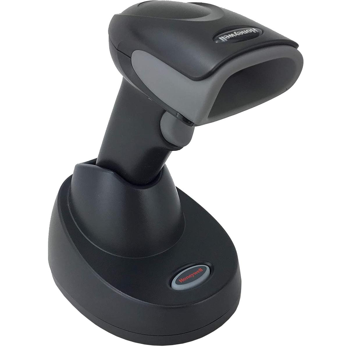Ein schwarz-grauer Barcode-Scanner auf weißem Hintergrund.
