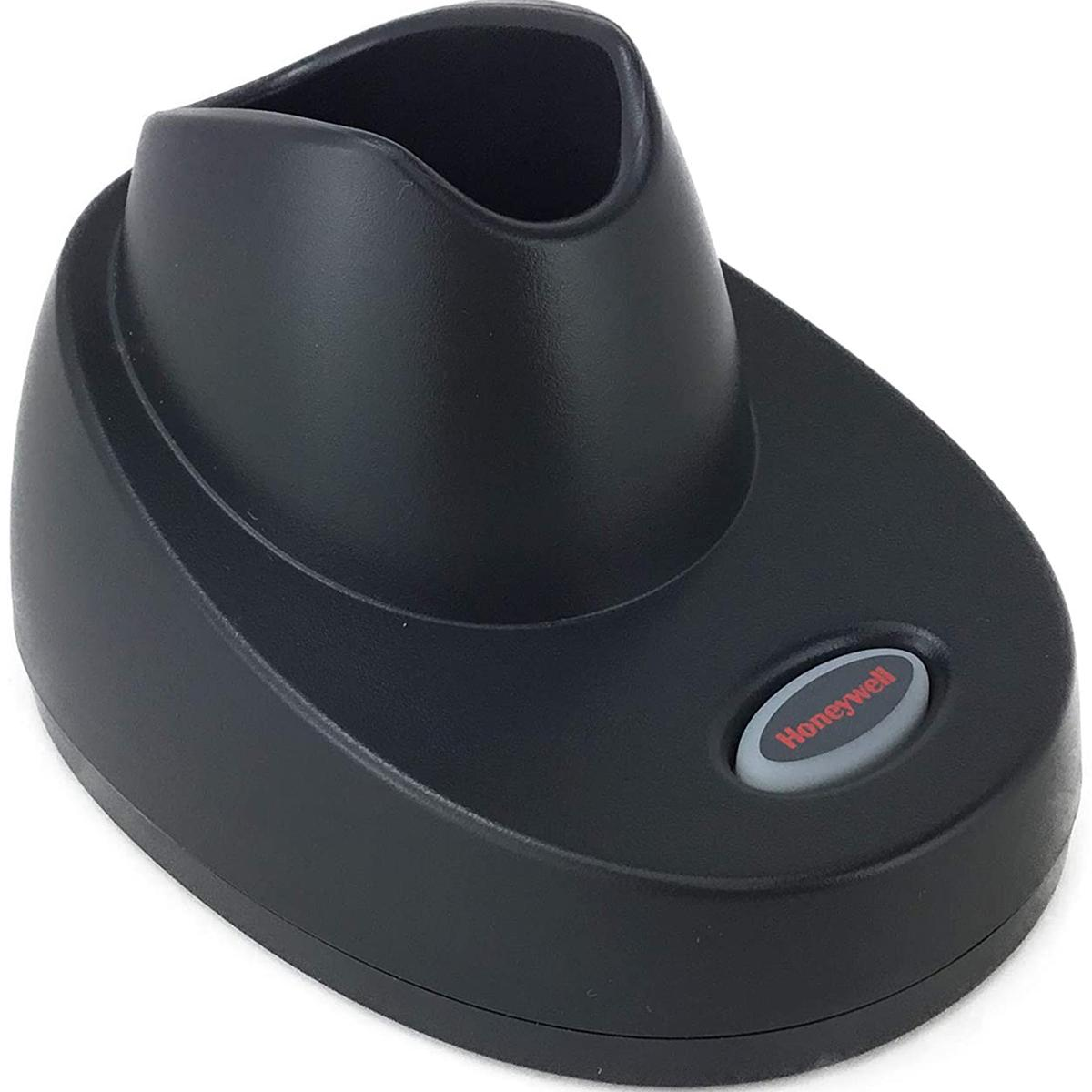 Eine schwarze Honeywell-Scannerbasis mit gewölbter Oberseite und roter Honeywell-Taste auf weißem Hintergrund.