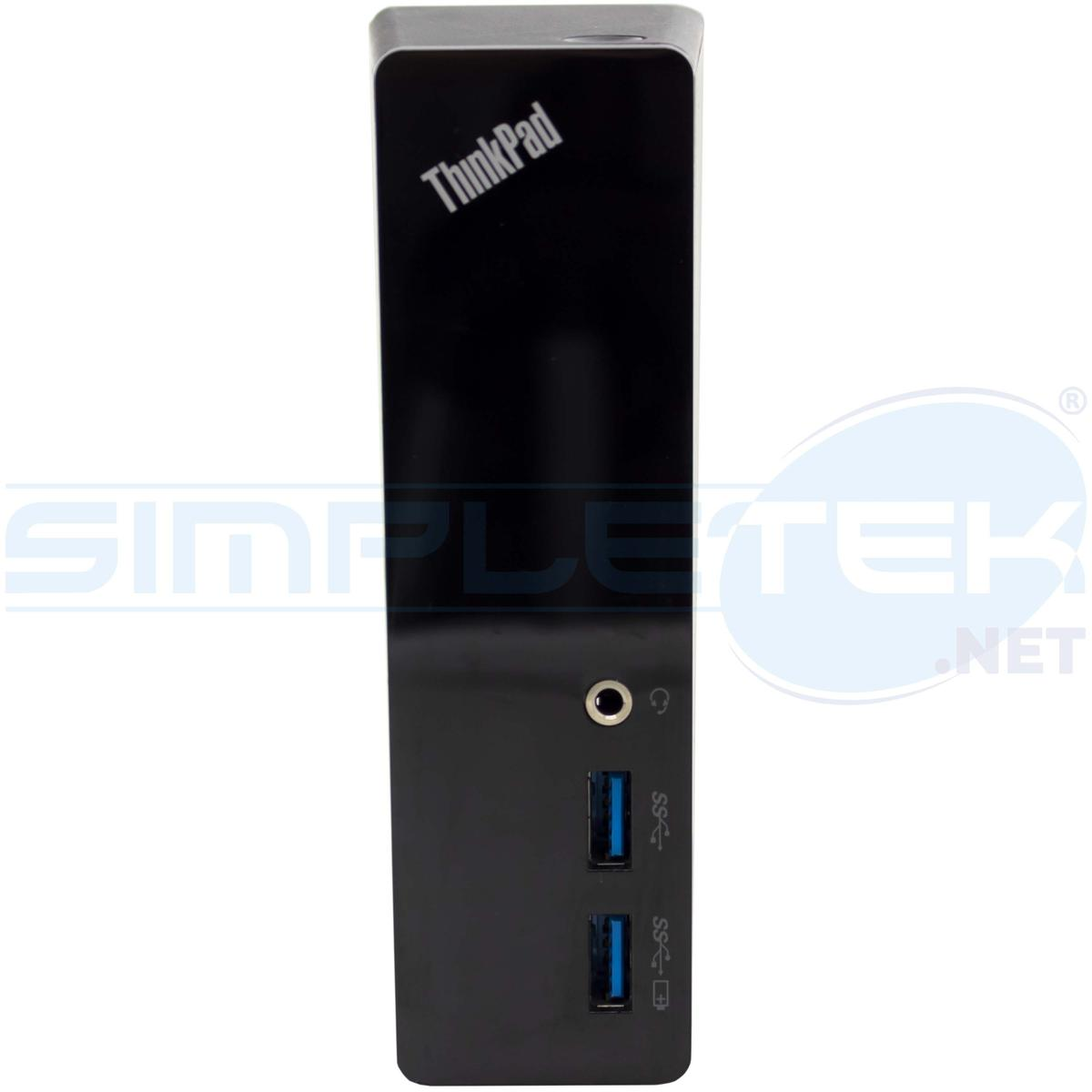 Eine schwarze ThinkPad-Dockingstation mit USB-Anschlüssen und einem Audioanschluss auf weißem Hintergrund.