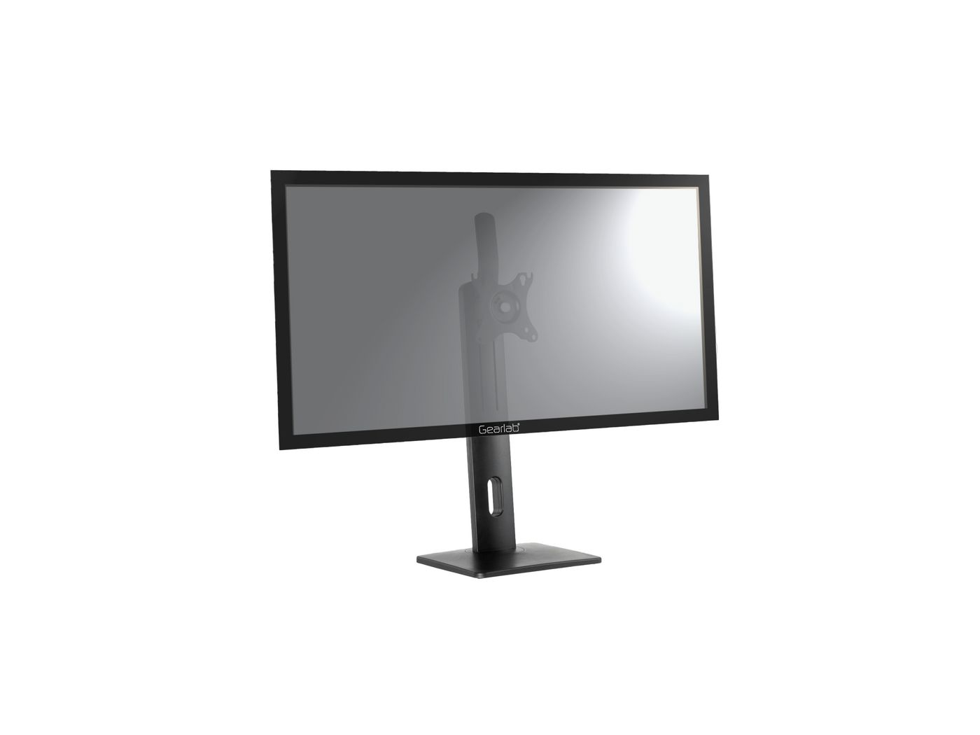 Monitor del computer su un supporto. Lo schermo è scuro e il supporto è nero.