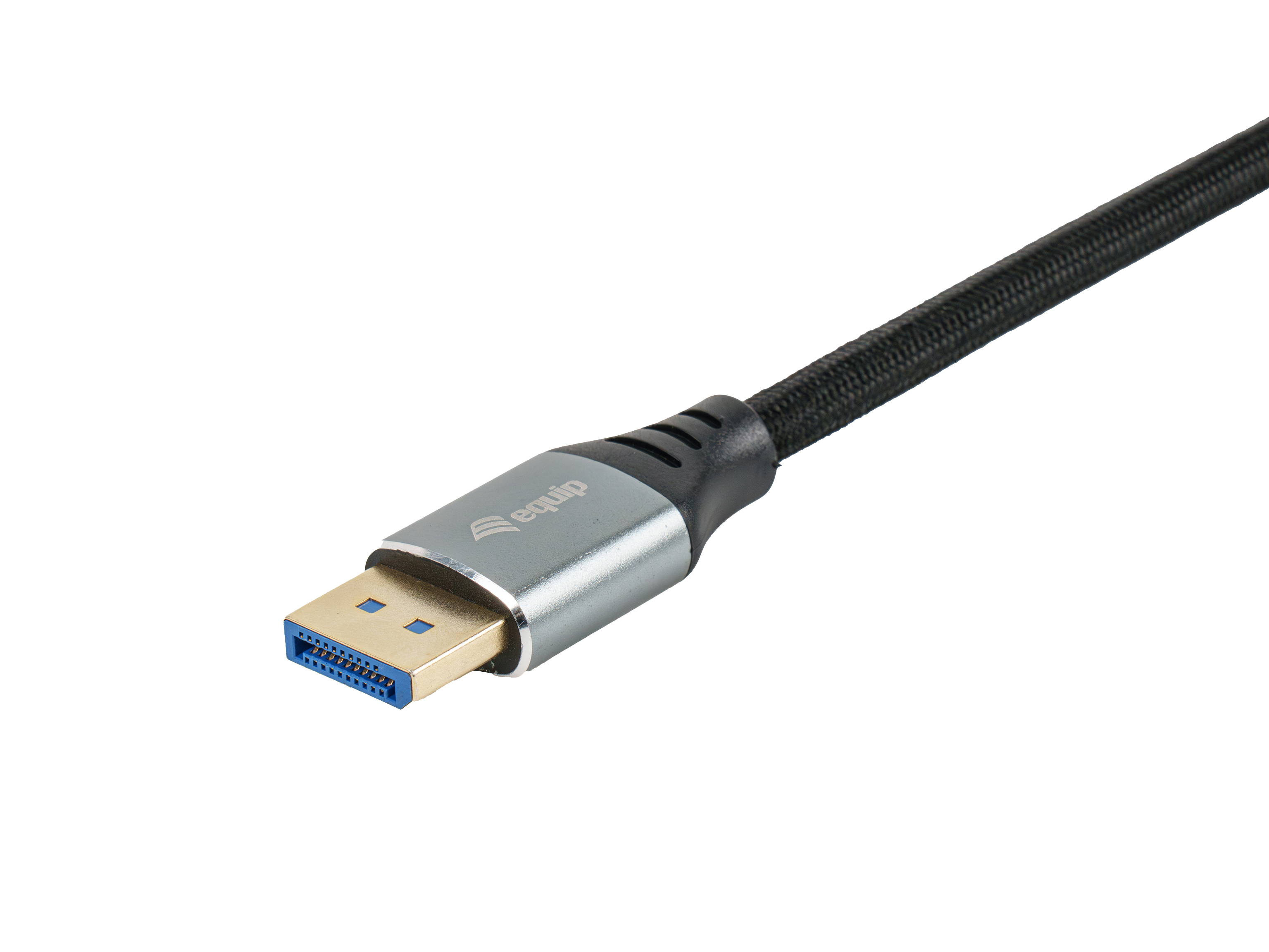 Ein schwarzes und silbernes Kabel mit einem blauen USB-Anschluss auf weißem Hintergrund.
