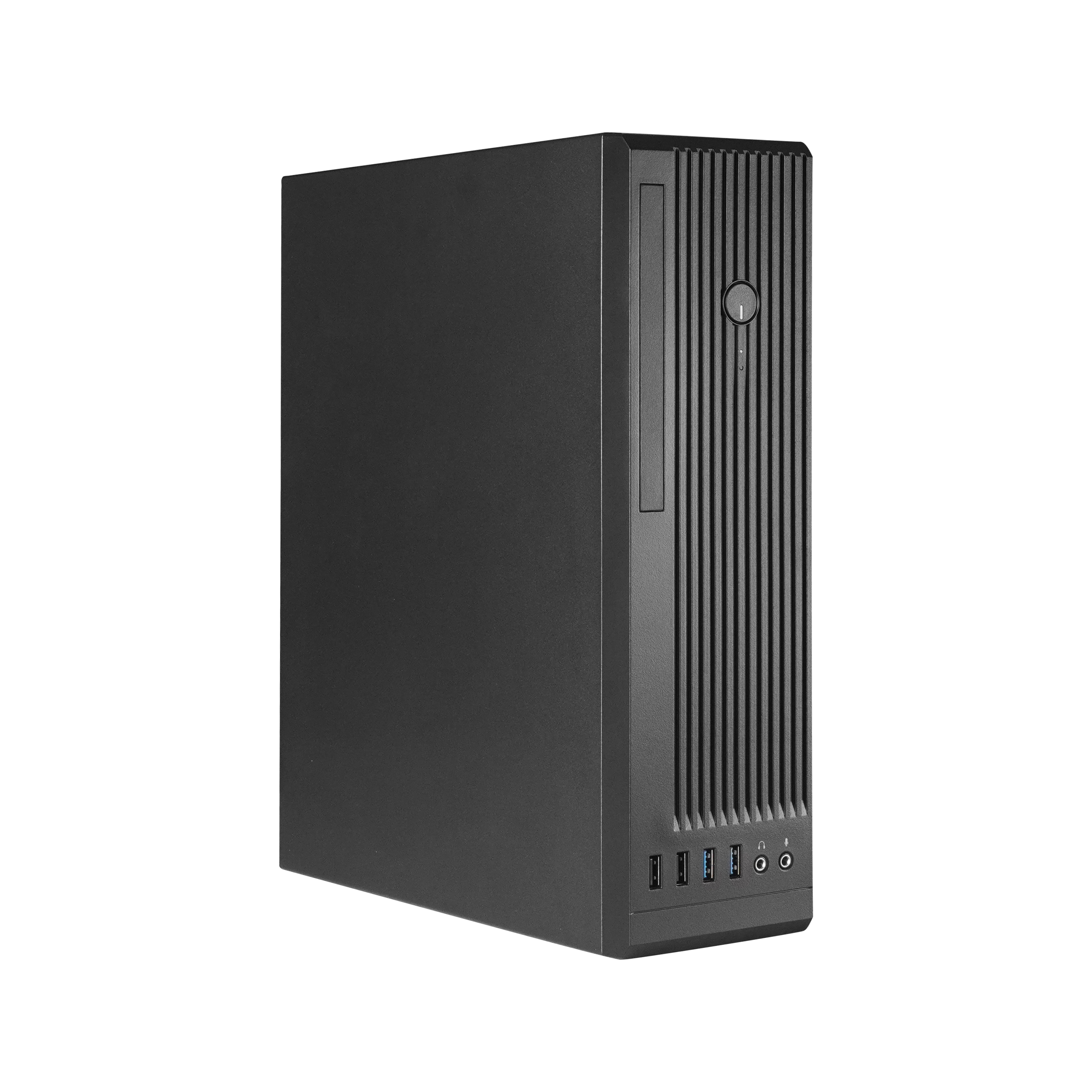 Torre per computer nera con linee verticali sul pannello frontale, isolata su sfondo bianco.