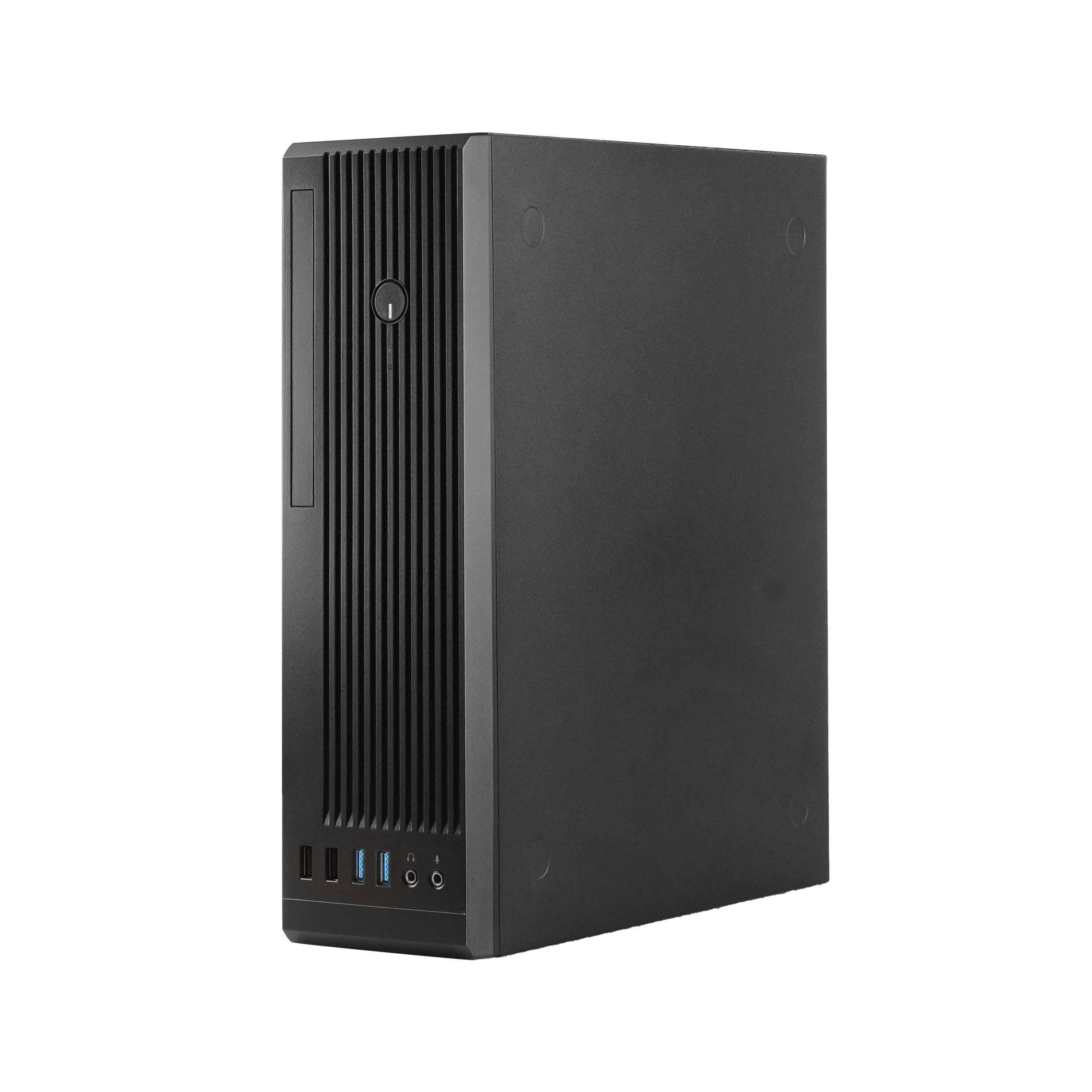 Torre per computer nera con pannello frontale a linee verticali su sfondo bianco.