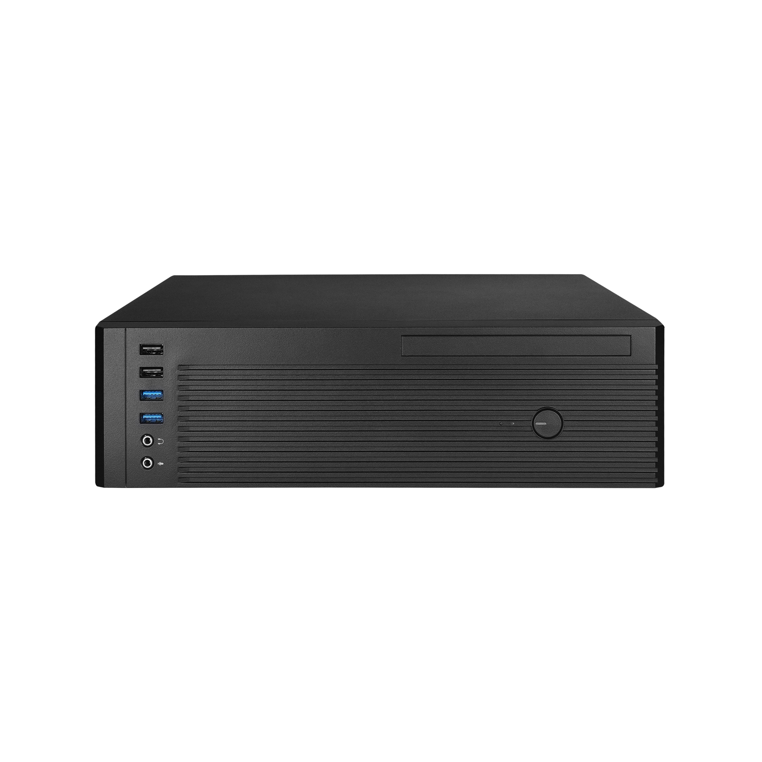 Un case nero per computer con slot per lettore DVD e porte USB.
