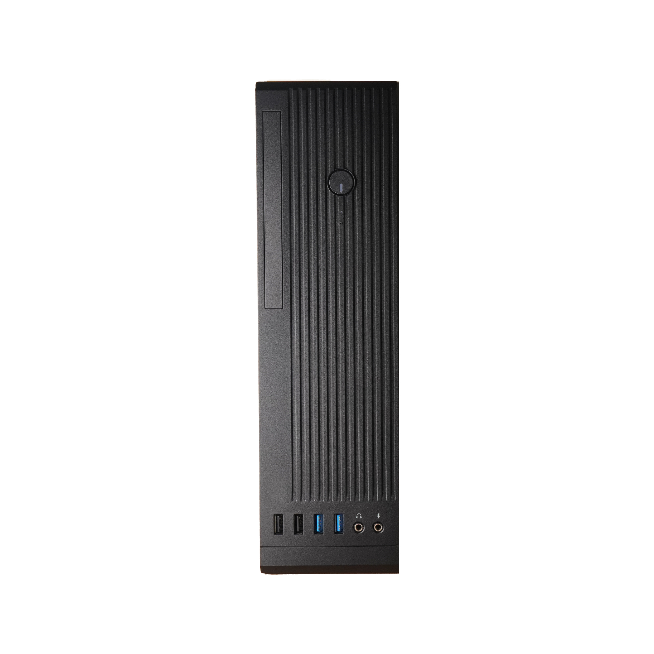 Torre per computer nera con linee verticali sul pannello frontale, porte USB e pulsanti.