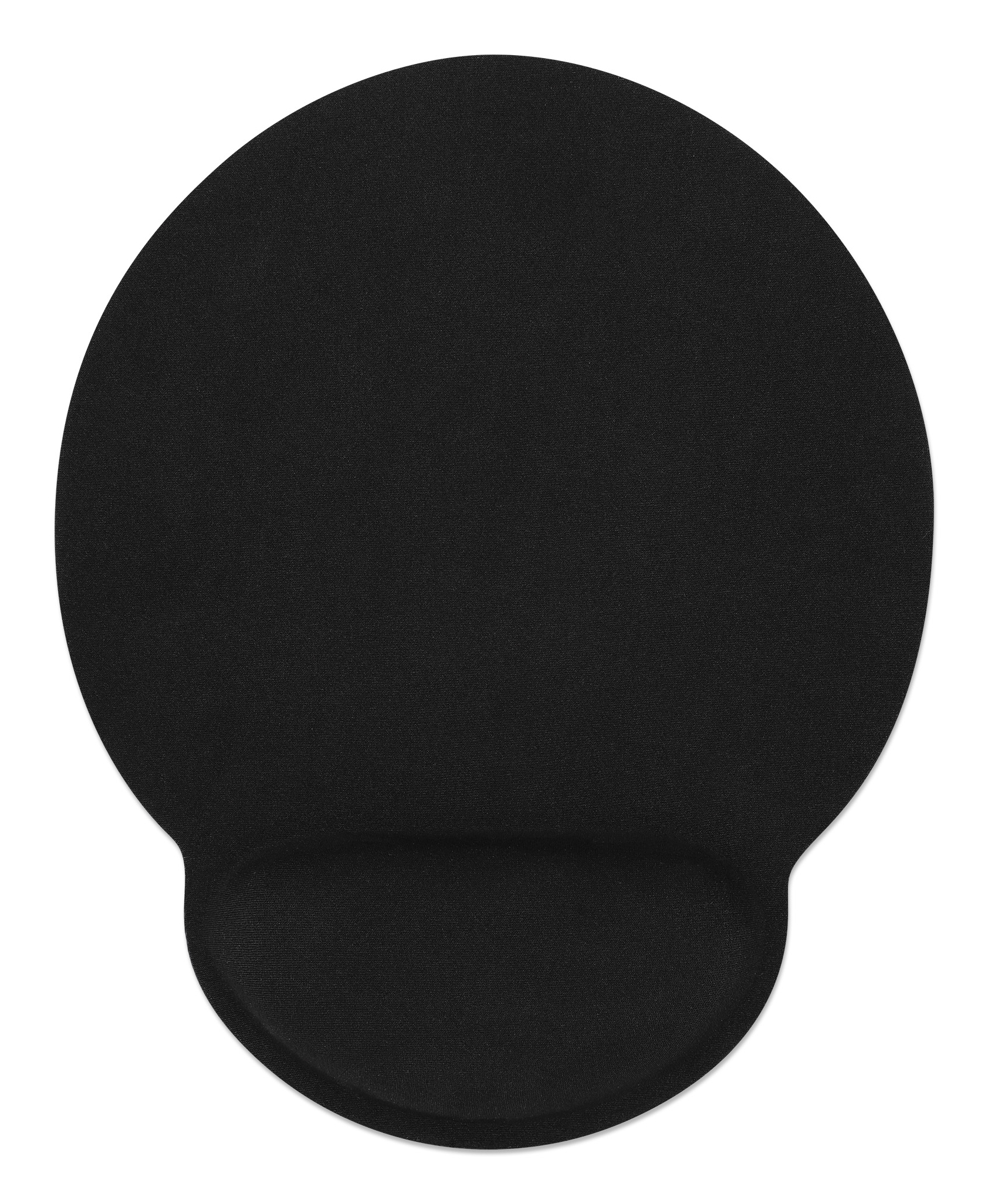 Tappetino per mouse ergonomico nero con poggiapolsi in gel. Ha forma ovale, progettato per il comfort.