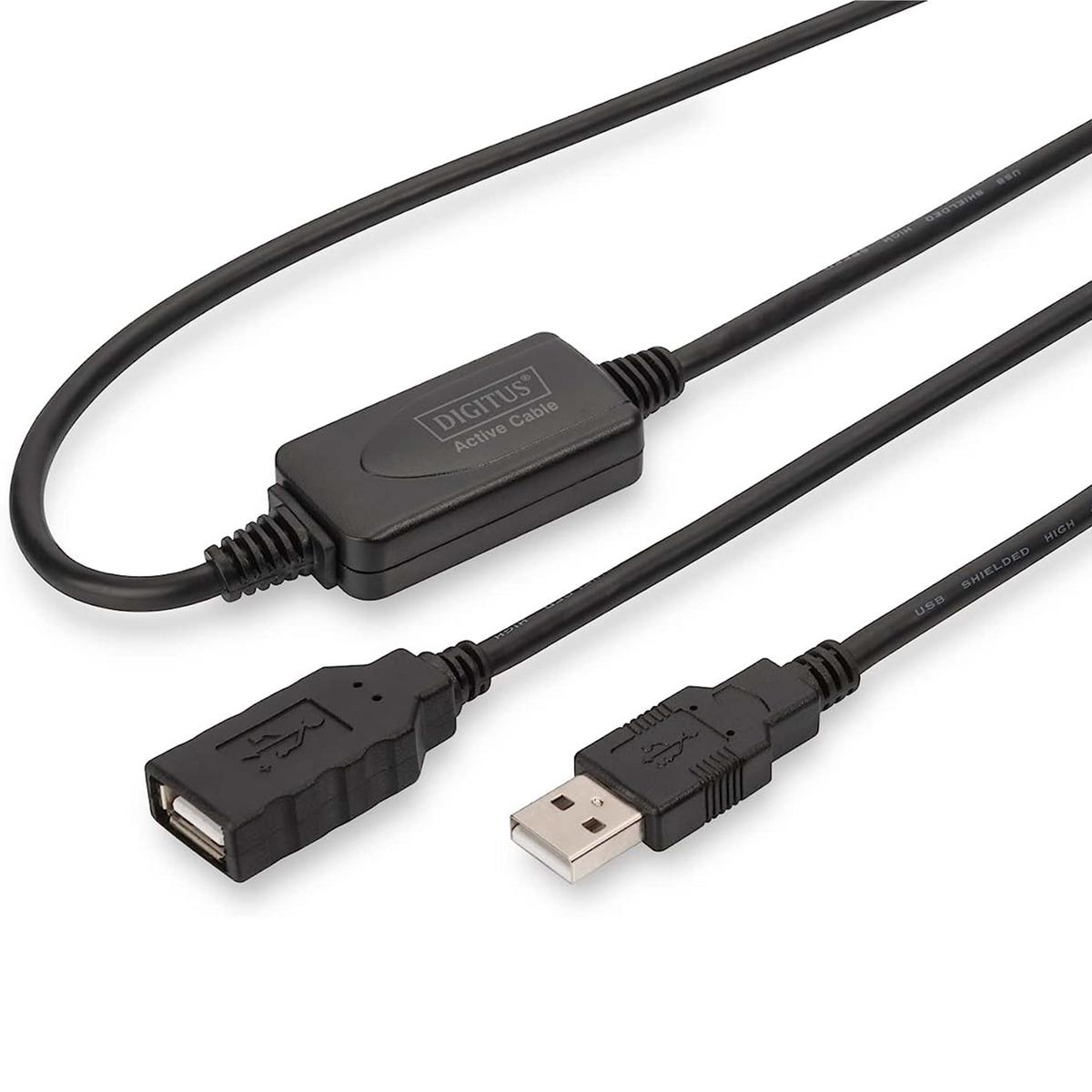 Digitus Active Cable adaptörlü siyah USB kablosu. Kabloda bir USB-A ve bir USB-A dişi konektör bulunur.