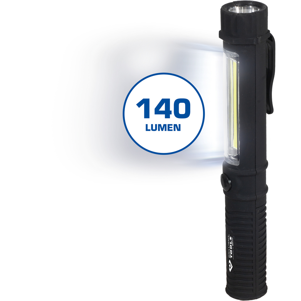 Schwarze Taschenlampe mit transparentem Lichtpaneel. Blauer Kreis mit 140 Lumen.
