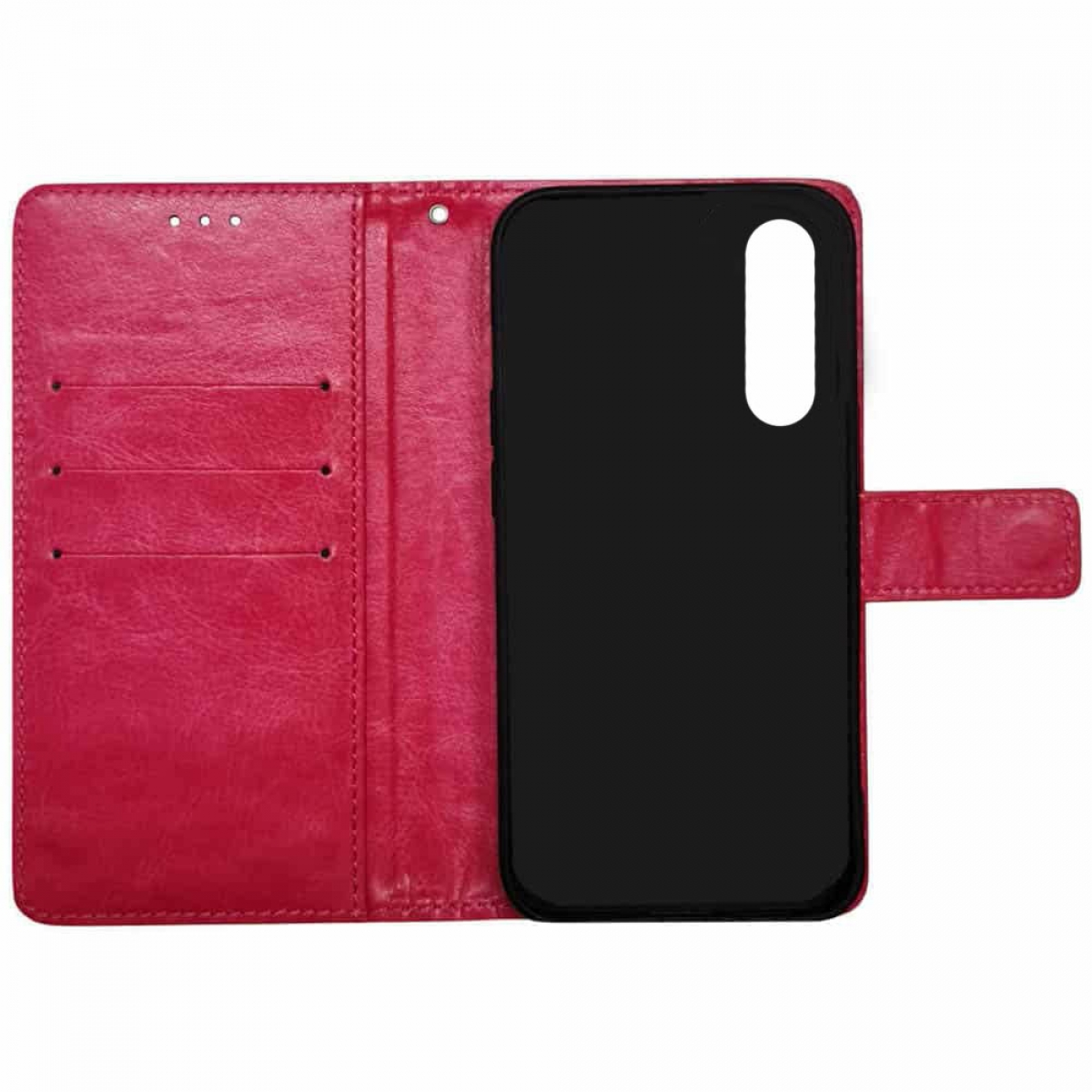 Rotes Handy-Etui im Brieftaschenstil geöffnet. Das Telefon ist nicht eingesetzt, zeigt die Innenseite.