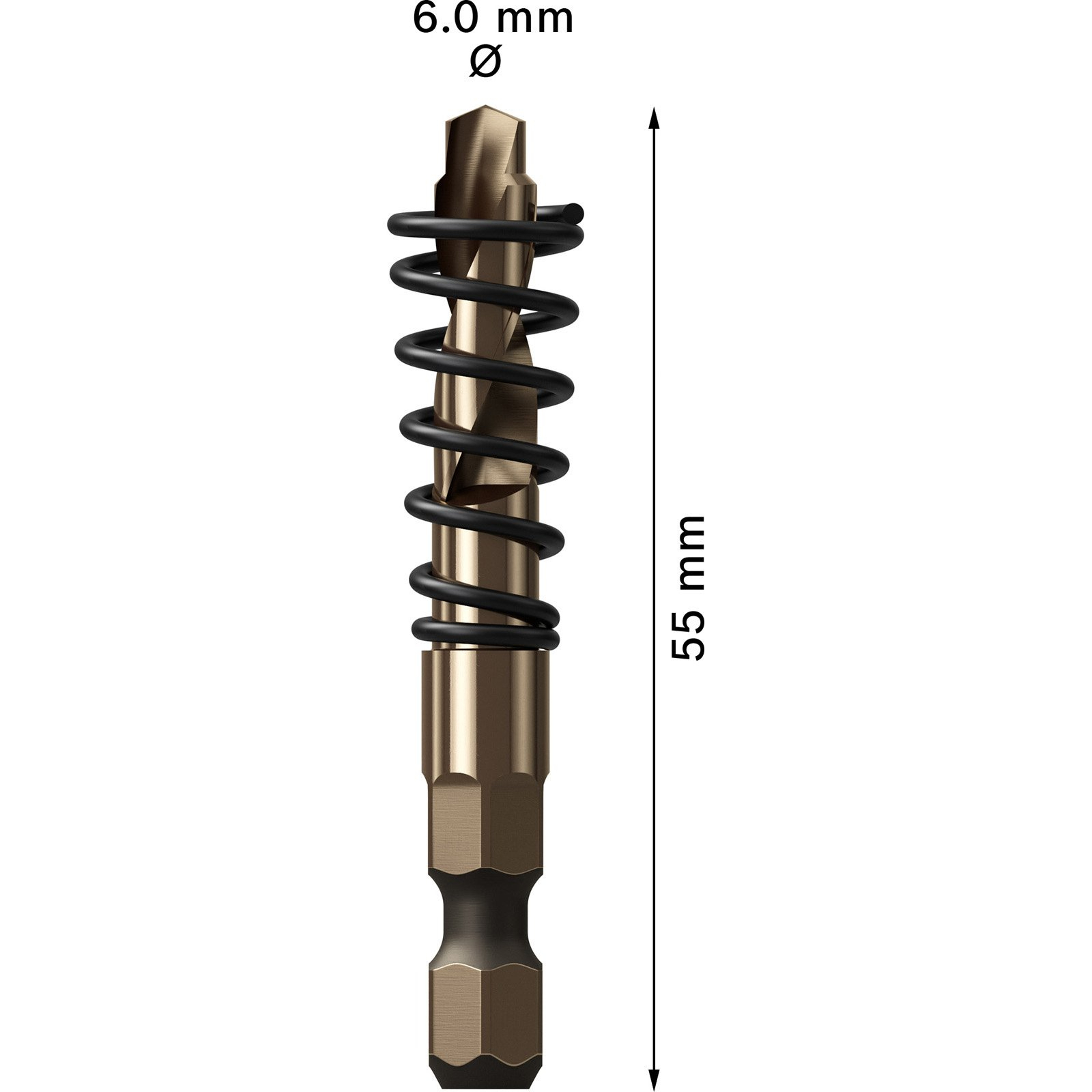 Goldener Bohrer, schwarze Spirale, 6,0 mm Durchmesser, 55 mm lang. Weißer Hintergrund.