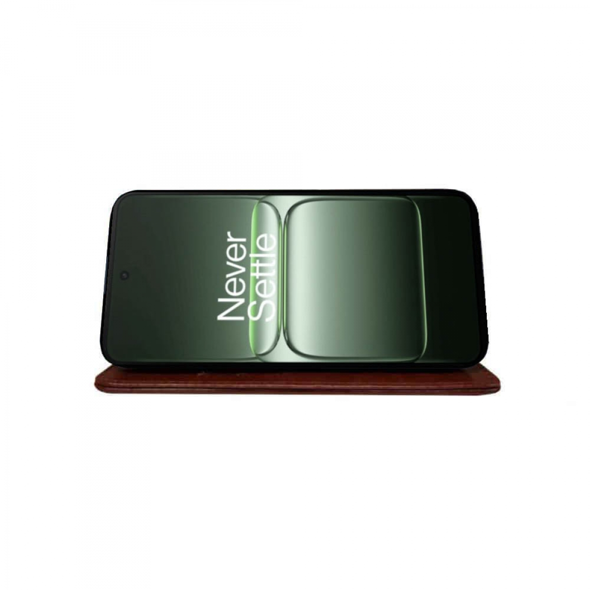 Ein Smartphone mit Displayschutz auf einem Holzständer. Der Text "Never Settle" ist sichtbar.