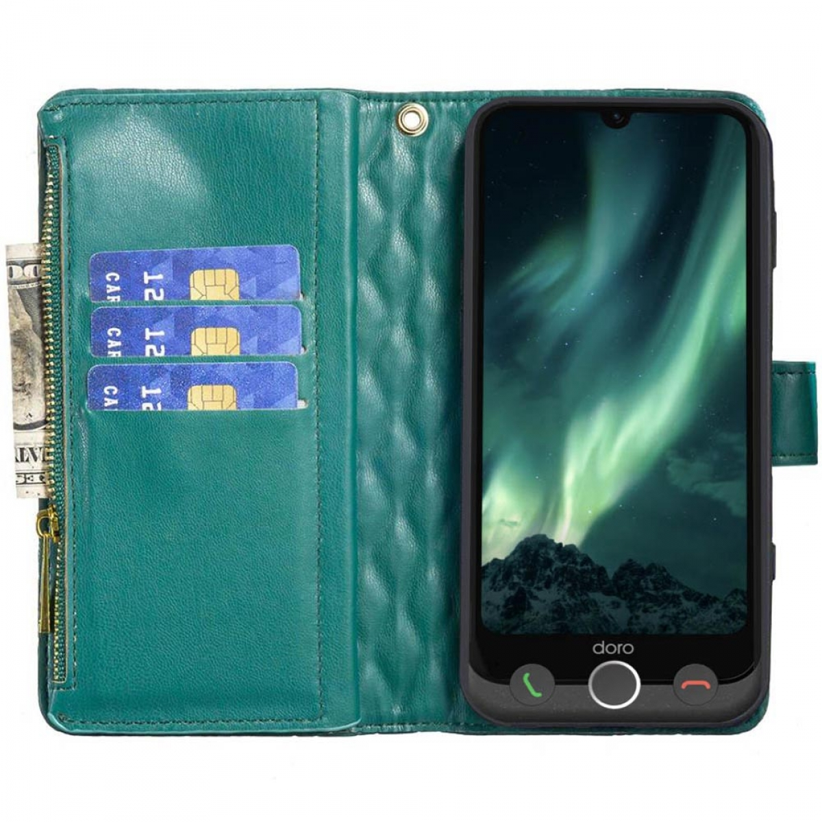 Türkisfarbene Brieftasche mit Karten und Telefon. Telefon zeigt Nordlichter.