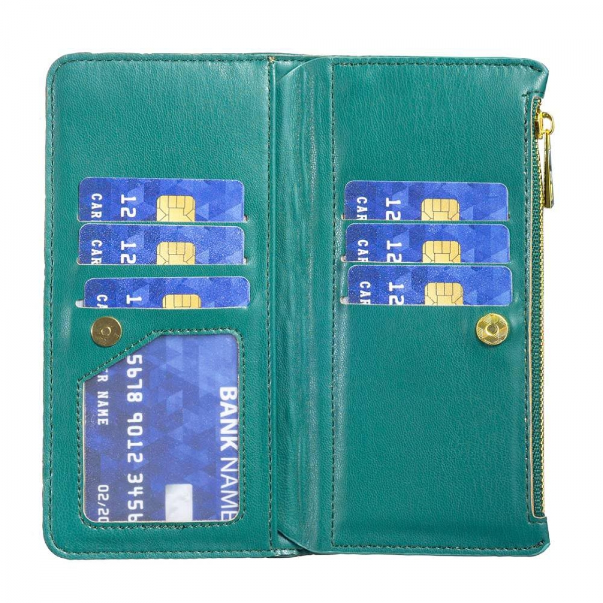 Eine teal-farbene Brieftasche mit mehreren sichtbaren Kreditkarten. Die Brieftasche ist geöffnet auf weißem Hintergrund.