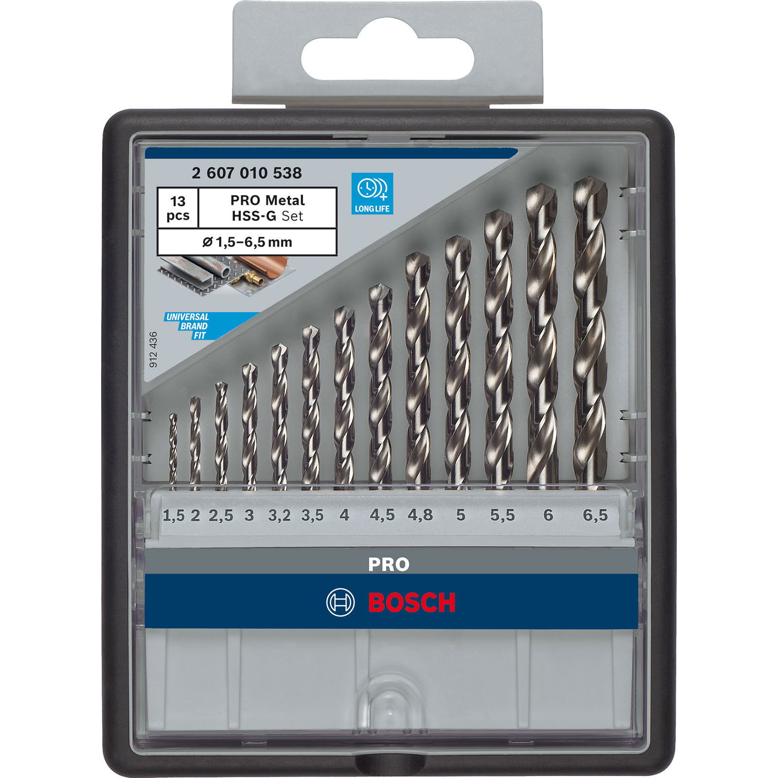 Bohrer-Set in einem Koffer. Die Bits sind silberfarben und in verschiedenen Größen. Marke ist Bosch.