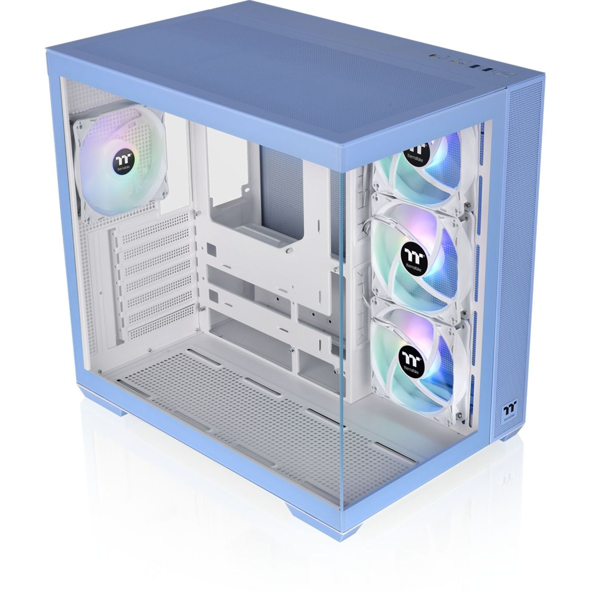 Un case per computer blu con lato in vetro. Ha ventole e altri componenti visibili all'interno. Il case è aperto.