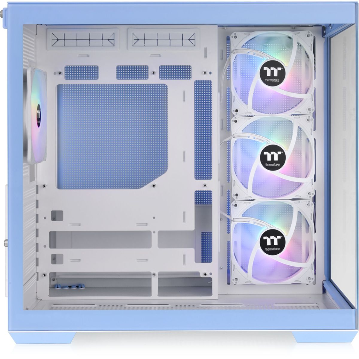 Case per computer azzurro con ventole. Componenti interni visibili.