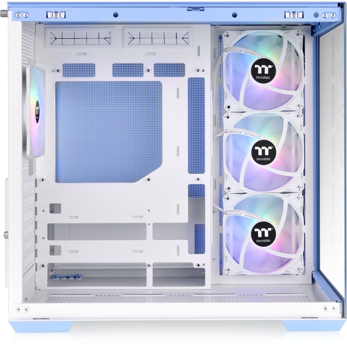 L'interno di un case di computer è visibile. Schema di colori blu e bianco. Ha ventole e componenti.