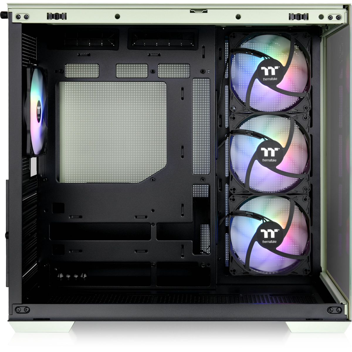 L'interno di un case per computer. Ha ventole con luci colorate e componenti. Il case è aperto.