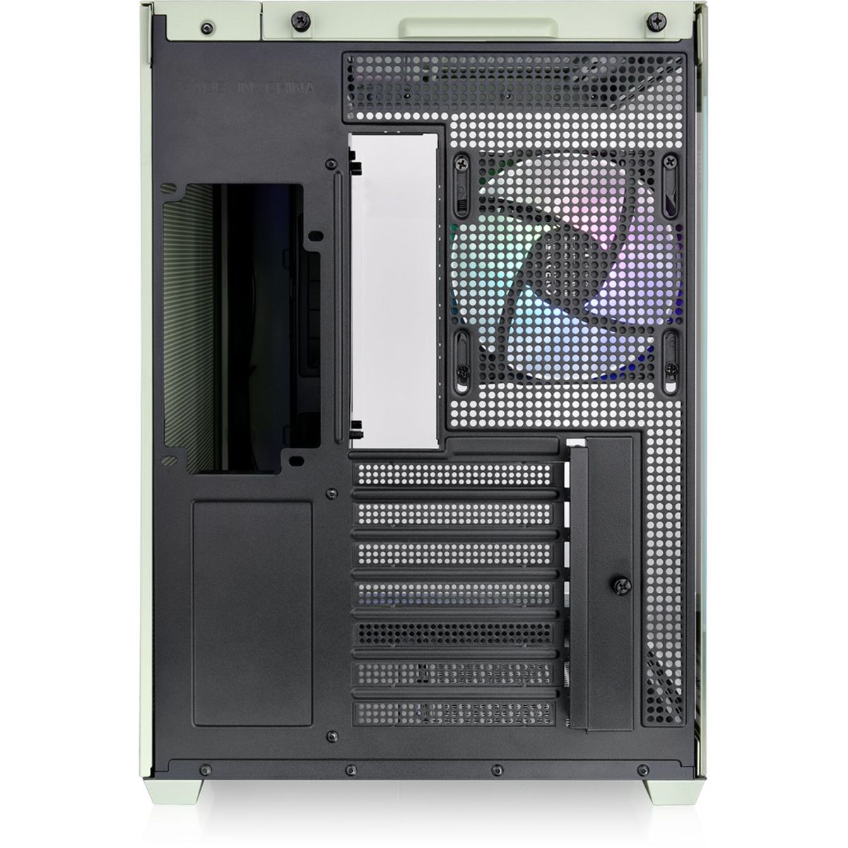 Interno del case del computer. Ventola con luci colorate. Componenti neri, bianchi e argentati.