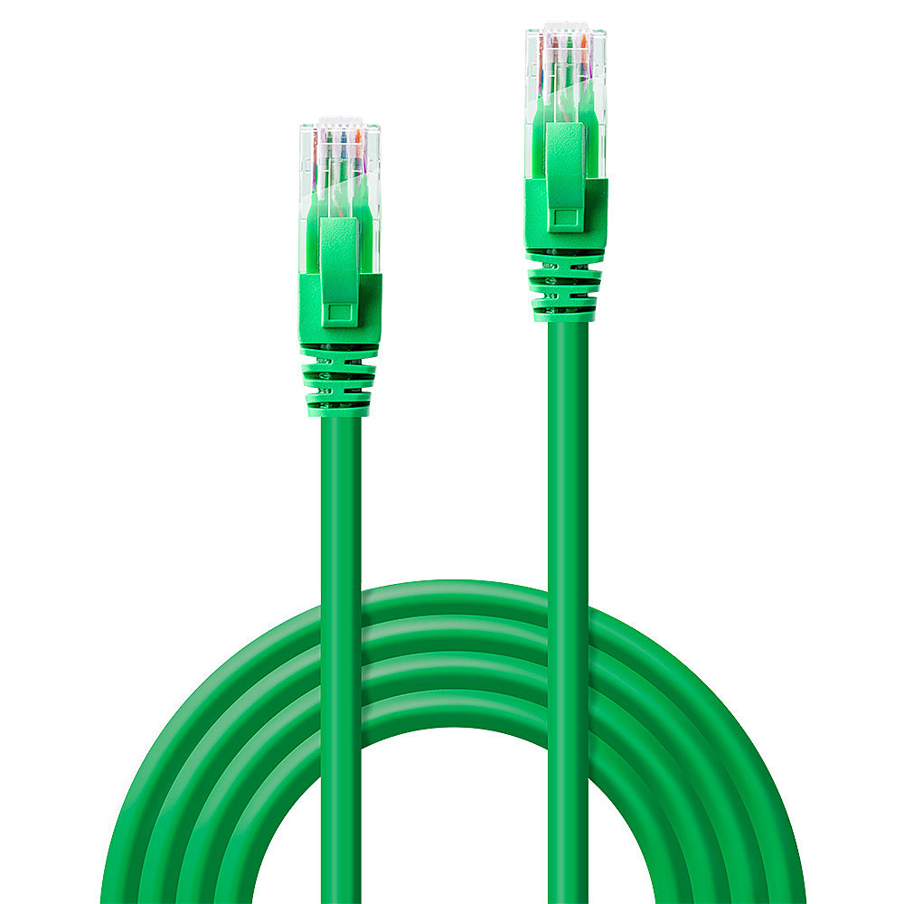 Dos cables de red verdes, uno al lado del otro. Los extremos tienen conectores de plástico.