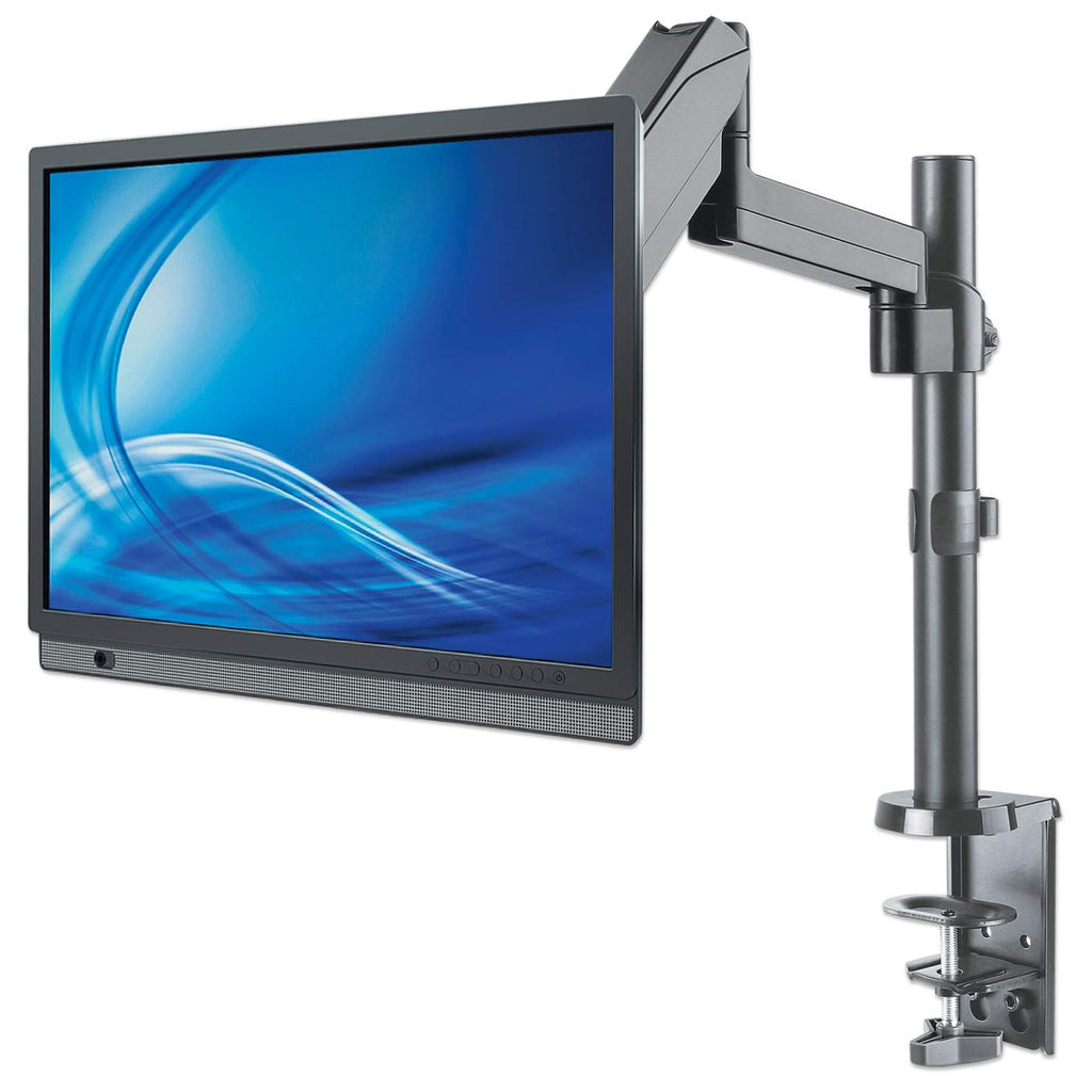 Ein Monitor ist an einem schwarzen Armständer montiert. Der Bildschirm zeigt ein blaues Bild.
