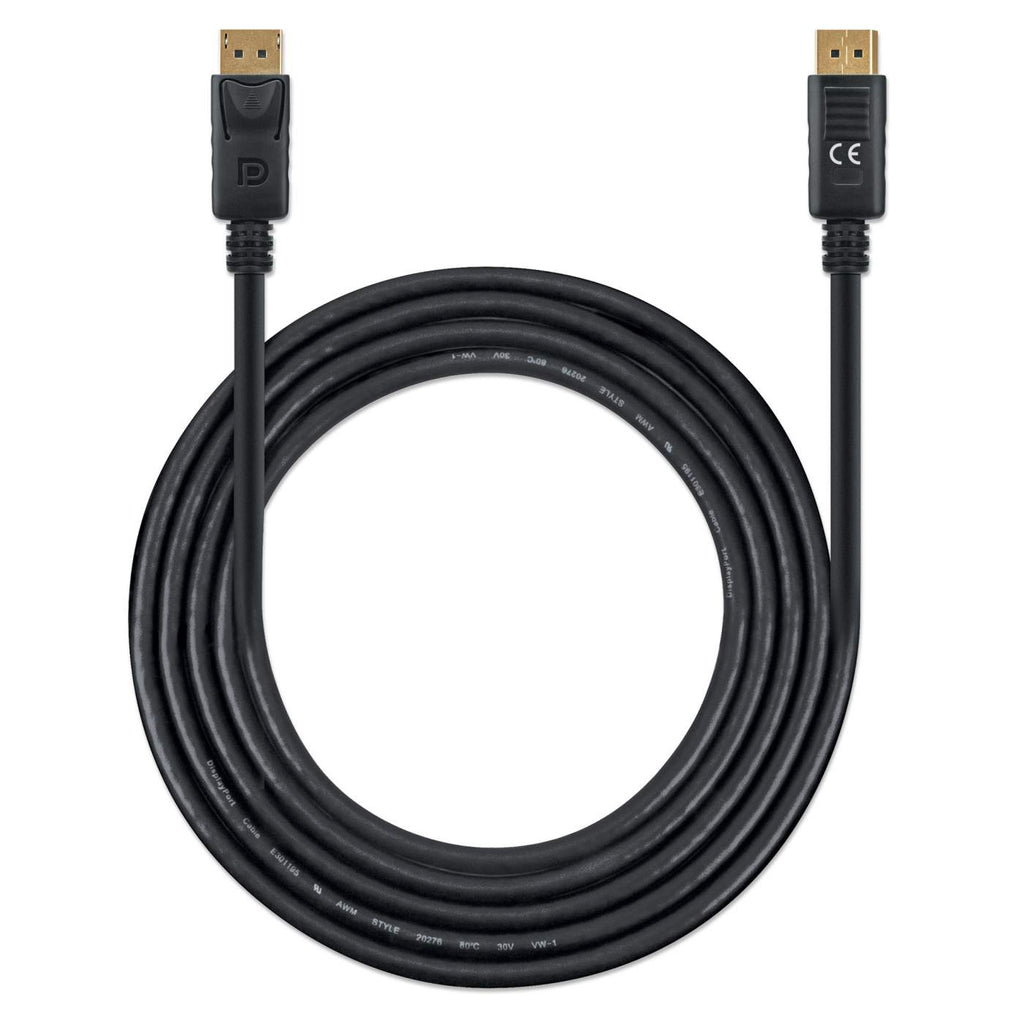 Câble DisplayPort noir enroulé avec des connecteurs plaqués or aux deux extrémités, sur un fond blanc.