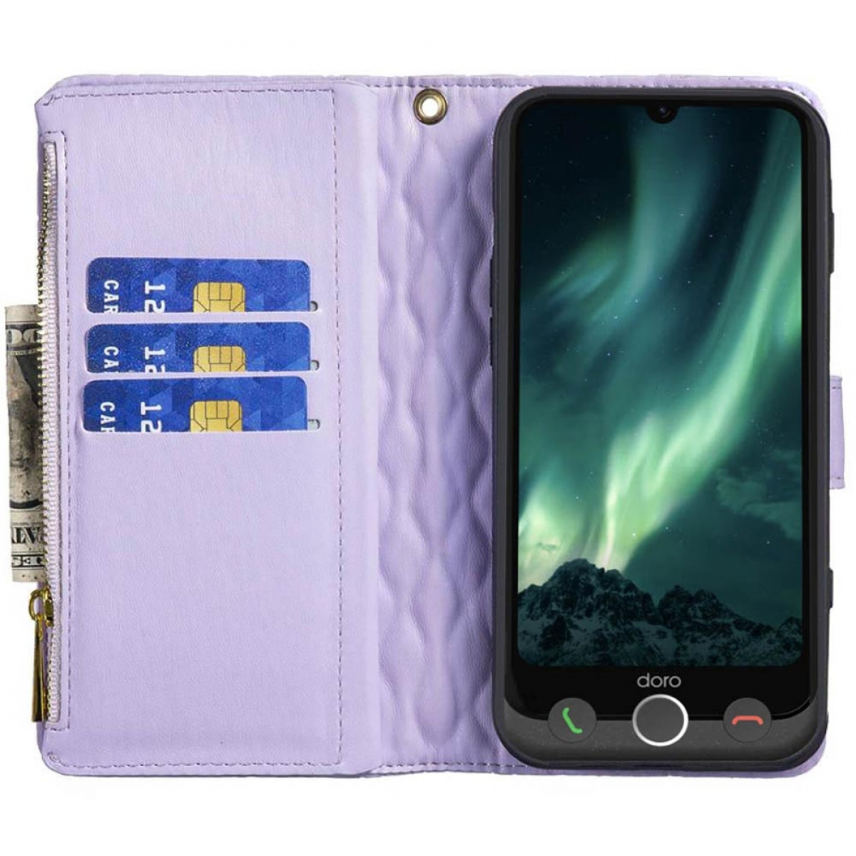 Geöffnete lila Brieftaschen-Handyhülle, die ein Telefon mit Nordlicht-Bildschirm und Kartenfächern zeigt.