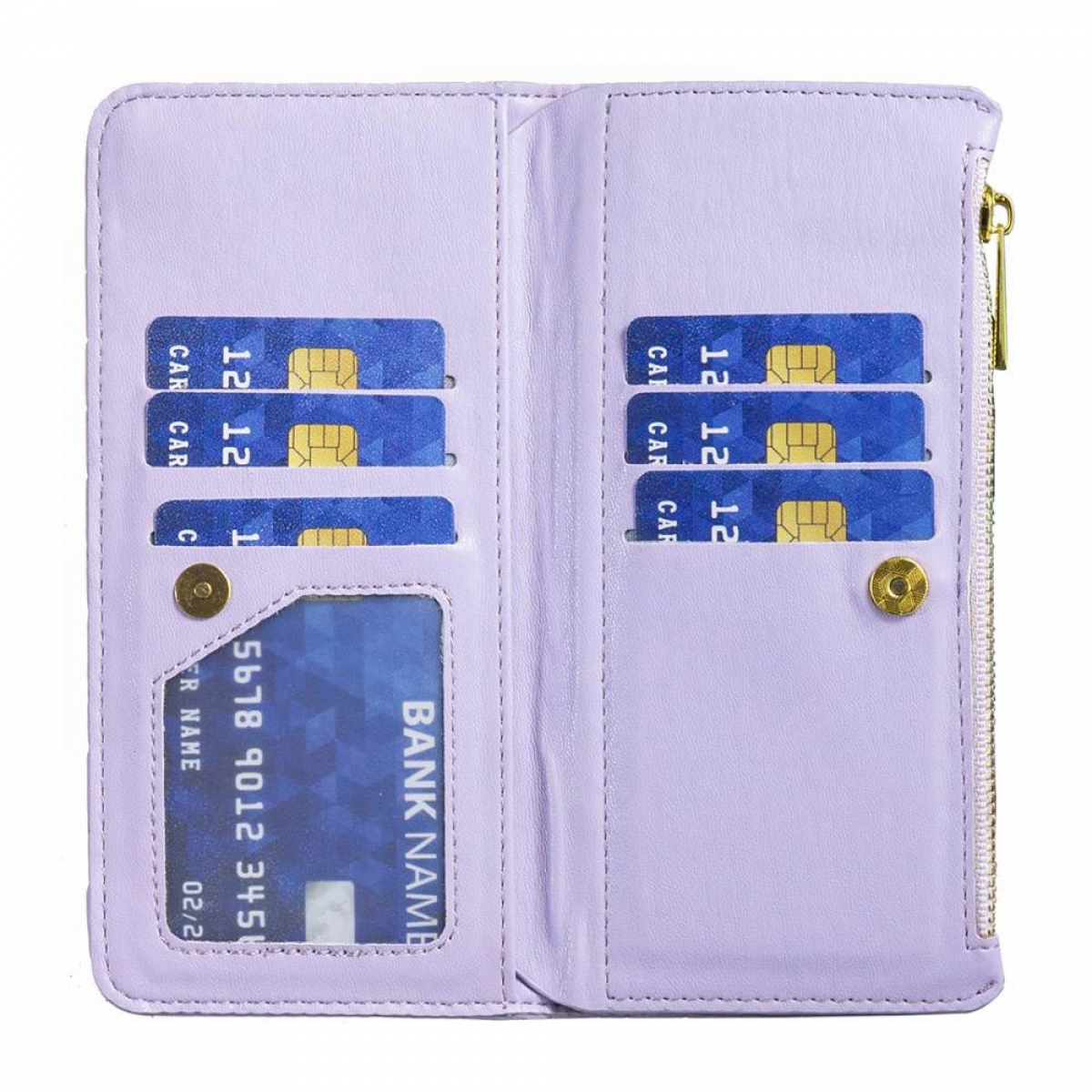 Geöffnete lila Brieftaschen-Handyhülle mit Kartenfächern und einem transparenten Ausweisfenster mit einer Karte darin.