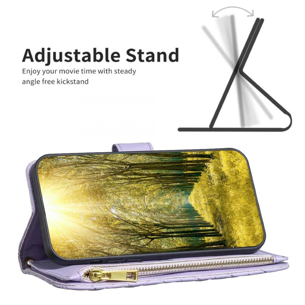 Eine lila Brieftaschen-Handyhülle mit einer Ständerfunktion, die ein Telefon mit einem Wald-Bildschirm zeigt.