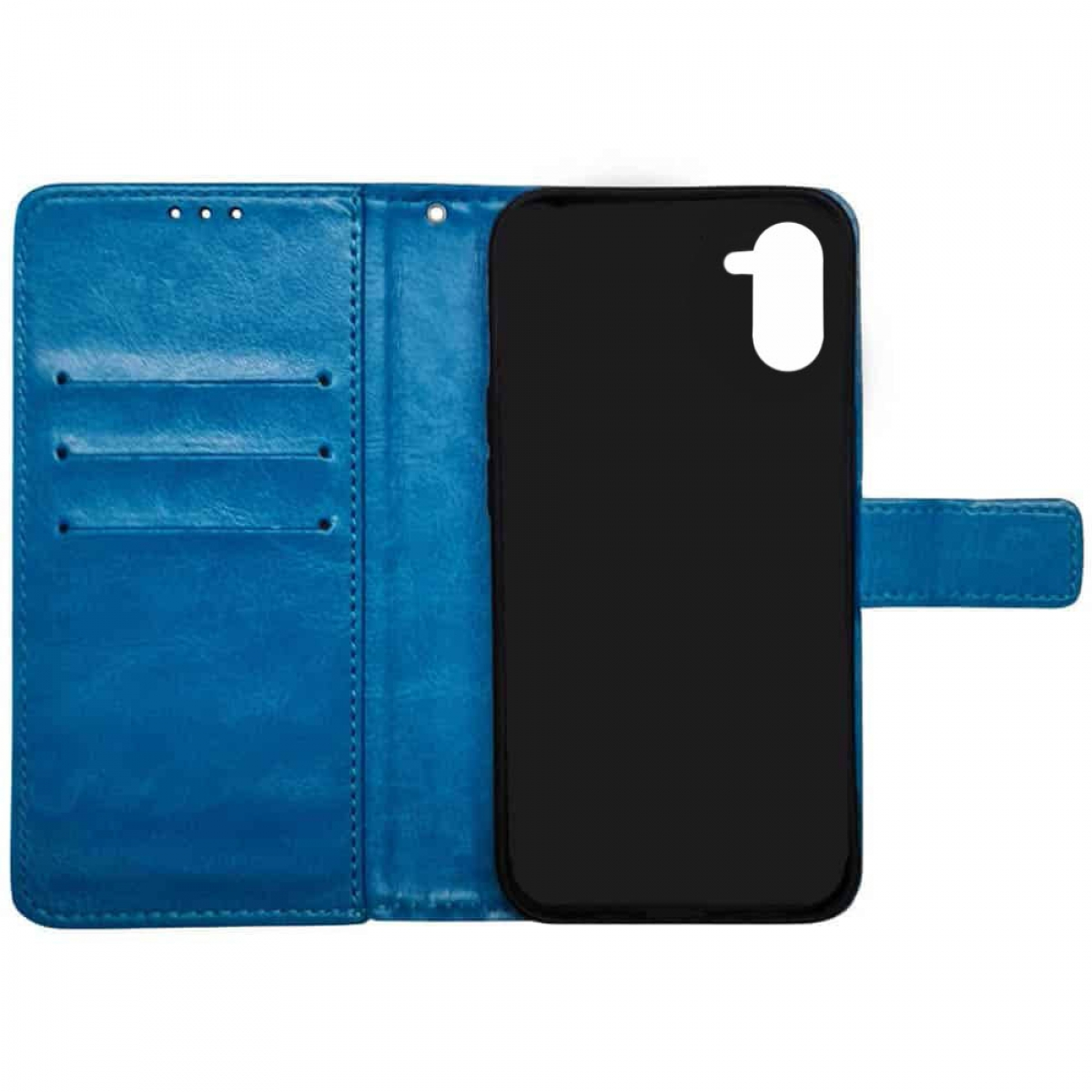 Eine offene blaue Handyhülle mit einem schwarzen Telefon darin. Die Hülle ist geöffnet und zeigt das Innere des Telefons.
